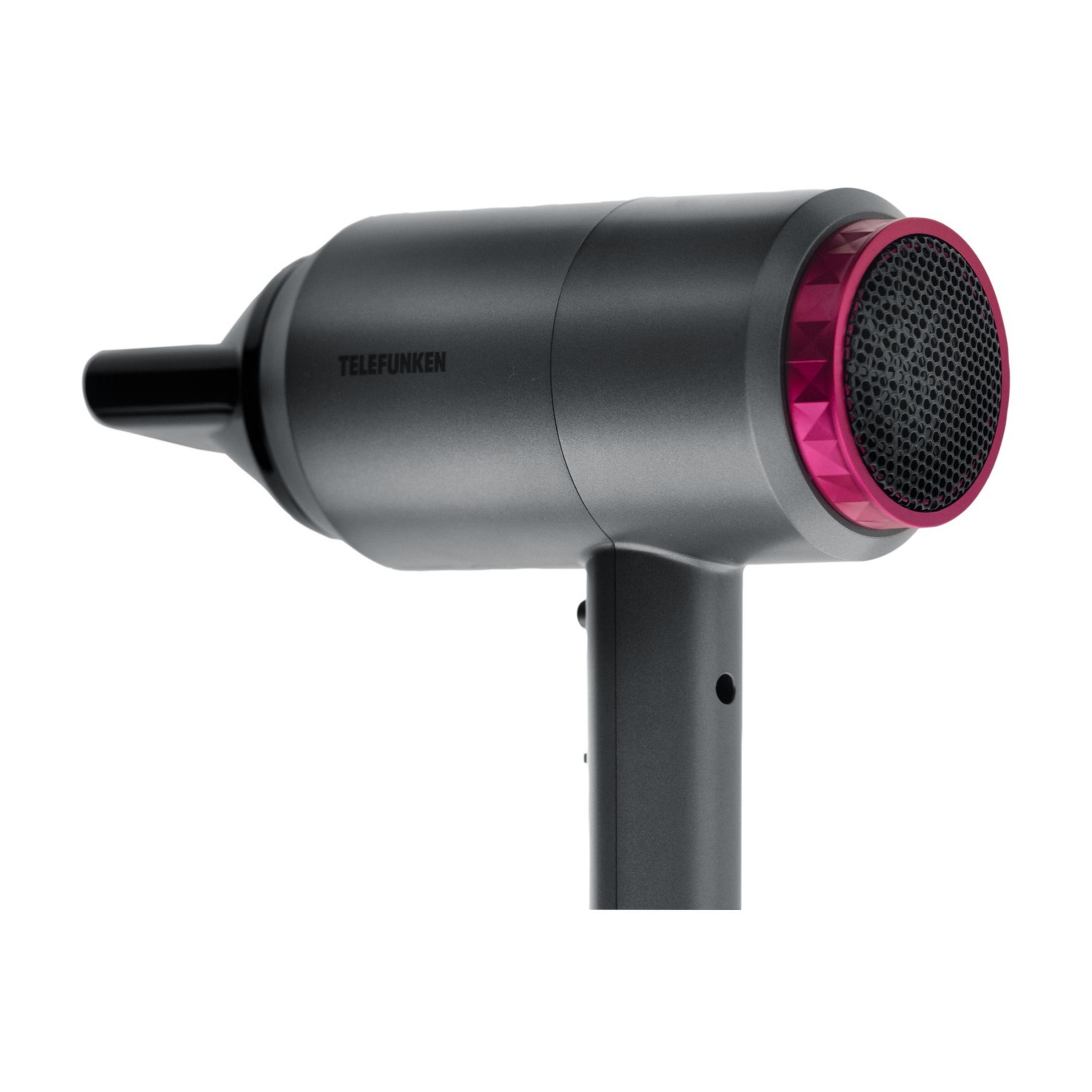 Szara suszarka do włosów Telefunken z różową kratką na końcu.