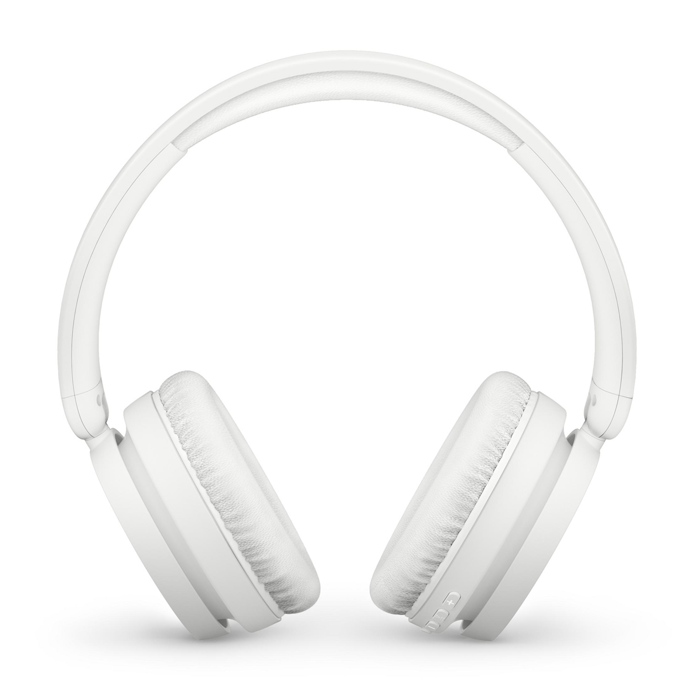 Casque blanc avec écouteurs rembourrés et arceau.