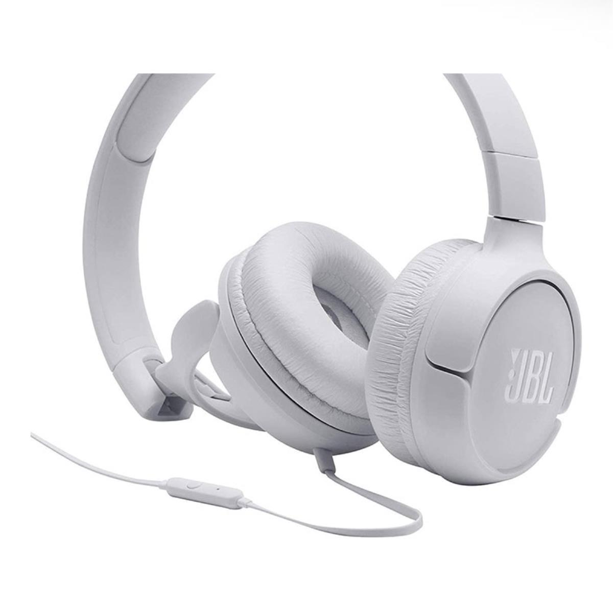 White JBL headphones with cord and in-line controls, on a white background.
