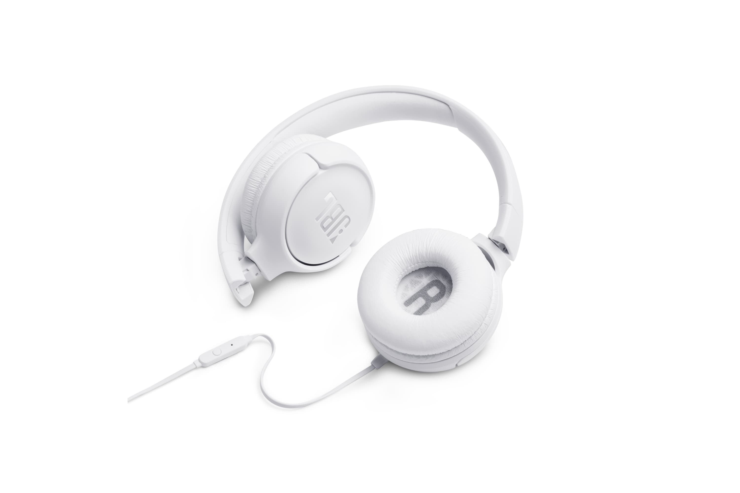 White JBL headphones with cord and inline remote on a white background.