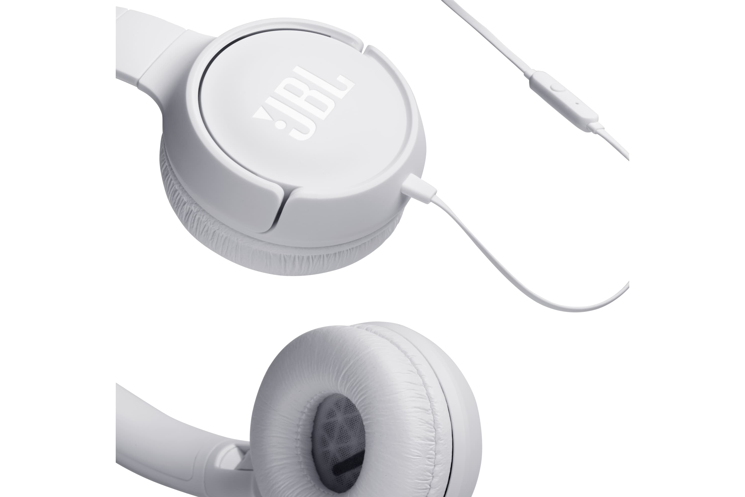 White JBL headphones with earcups and a cord with inline remote control.