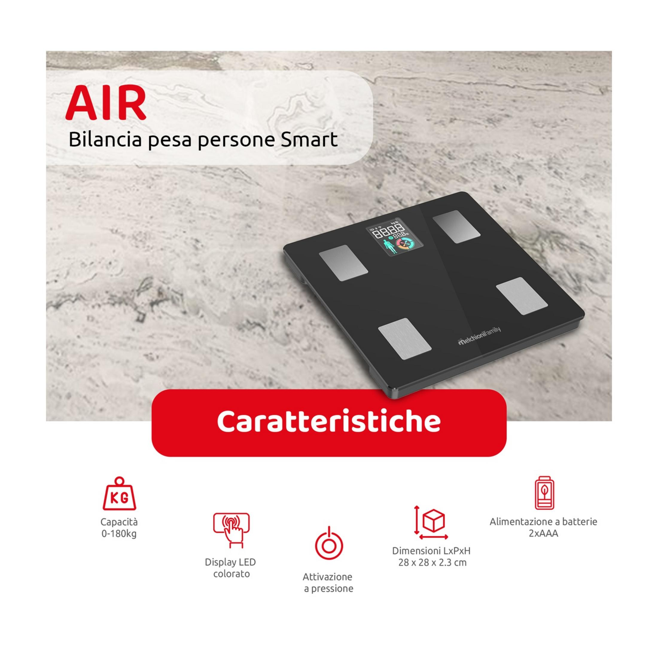 Czarna cyfrowa waga łazienkowa z wyświetlaczem LED na marmurowej powierzchni.