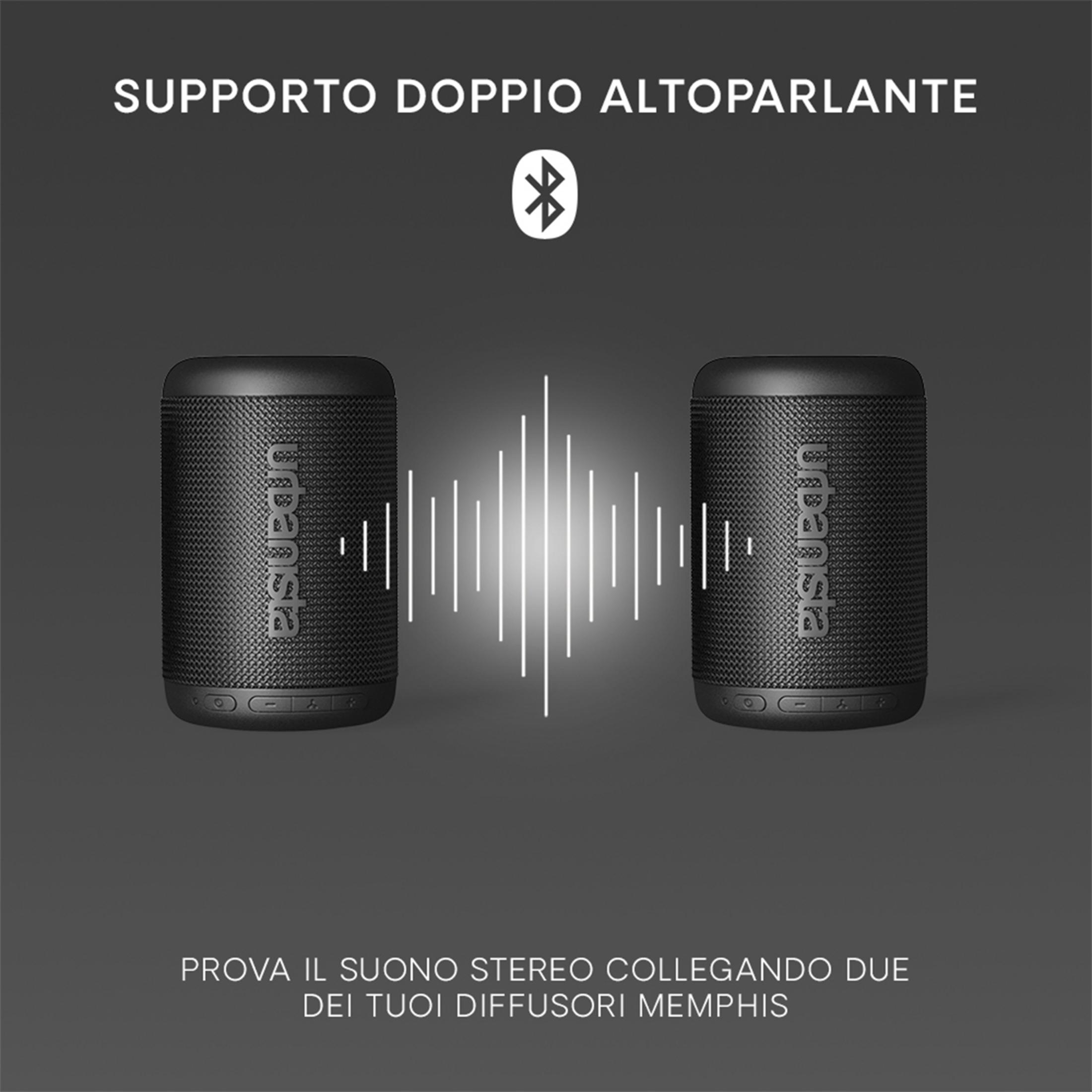 Dwa czarne głośniki Urbanista z symbolem Bluetooth i falami dźwięku.