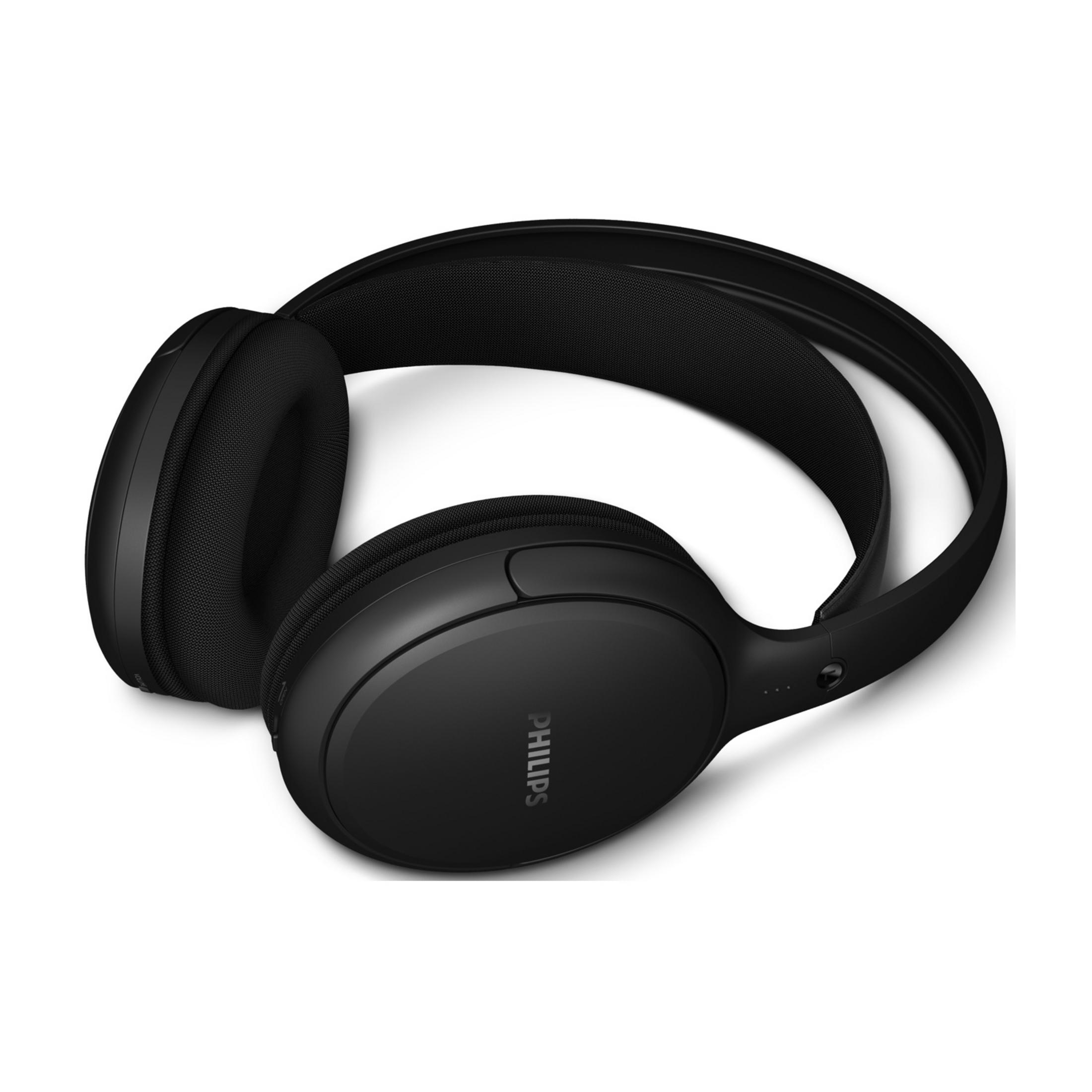 Casque Philips noir avec coussinets rembourrés et arceau réglable.