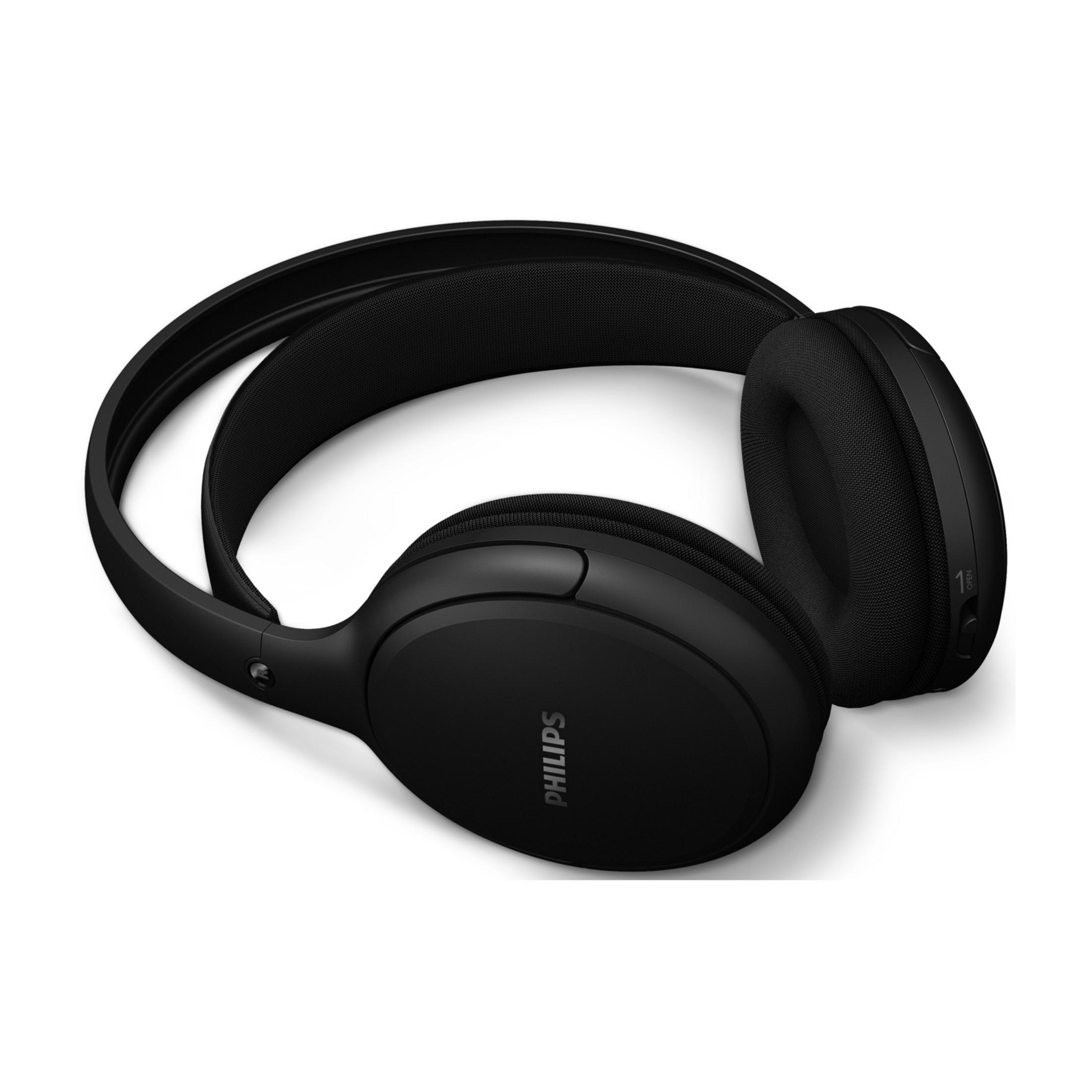 Casque Philips noir avec oreillettes rembourrées et arceau réglable.