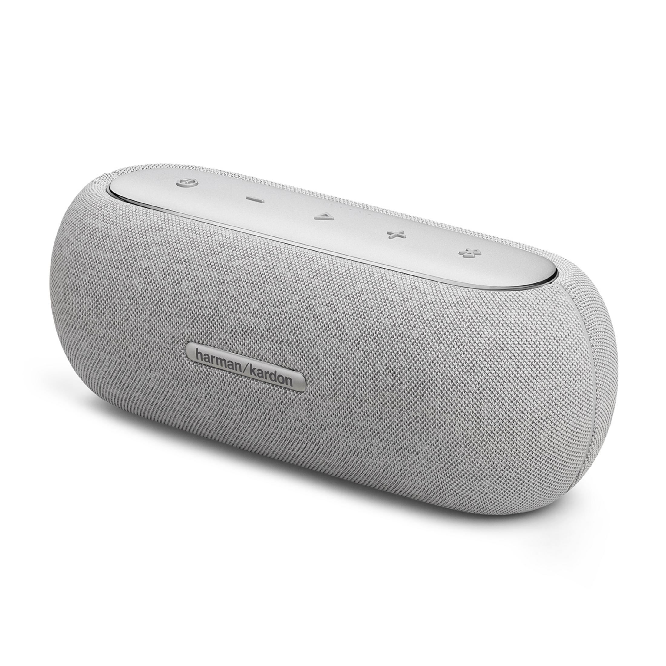 Altavoz Bluetooth gris de tela con controles plateados en la parte superior.