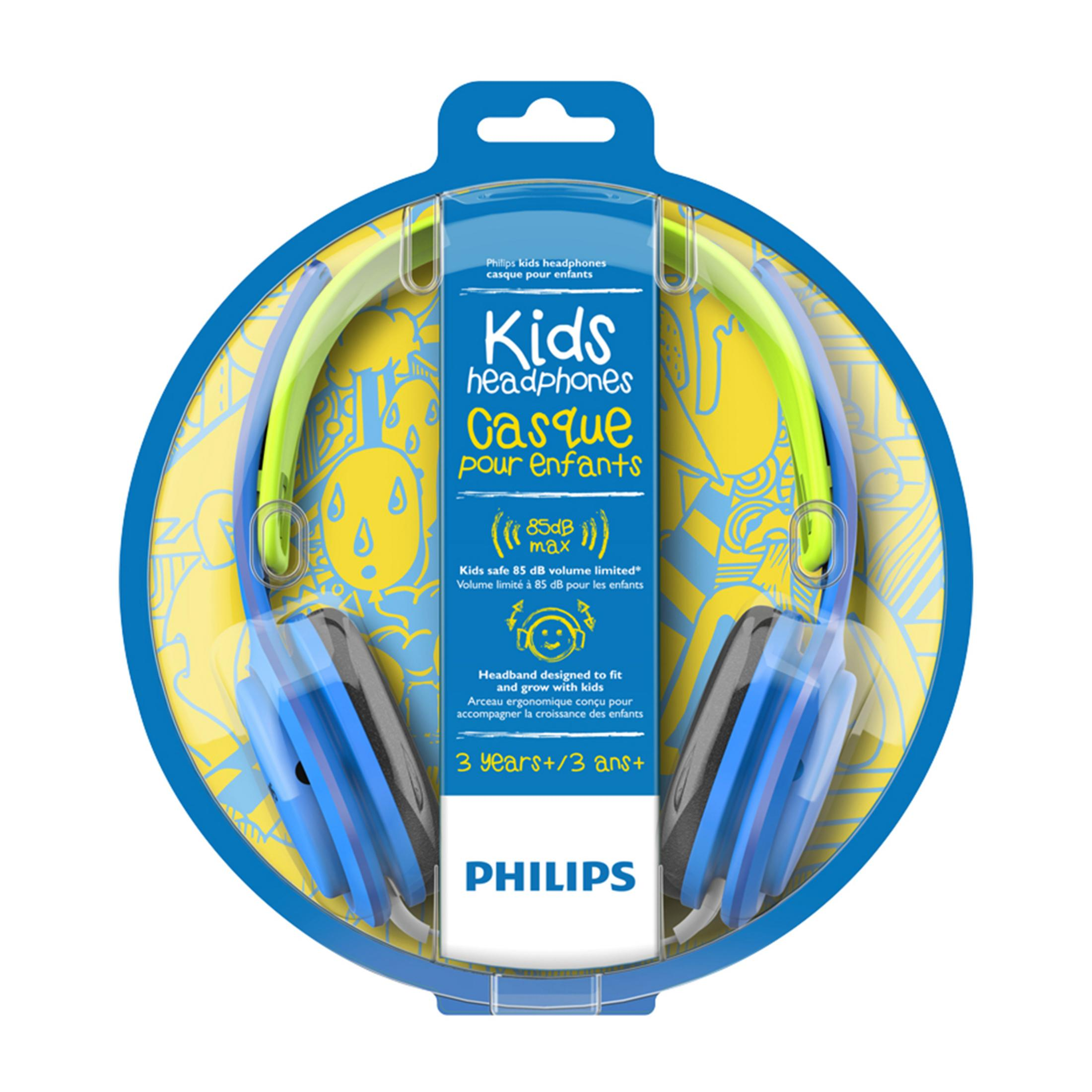 Blaue und neongrüne Philips-Kopfhörer für Kinder in Verpackung mit gelbem Motiv.
