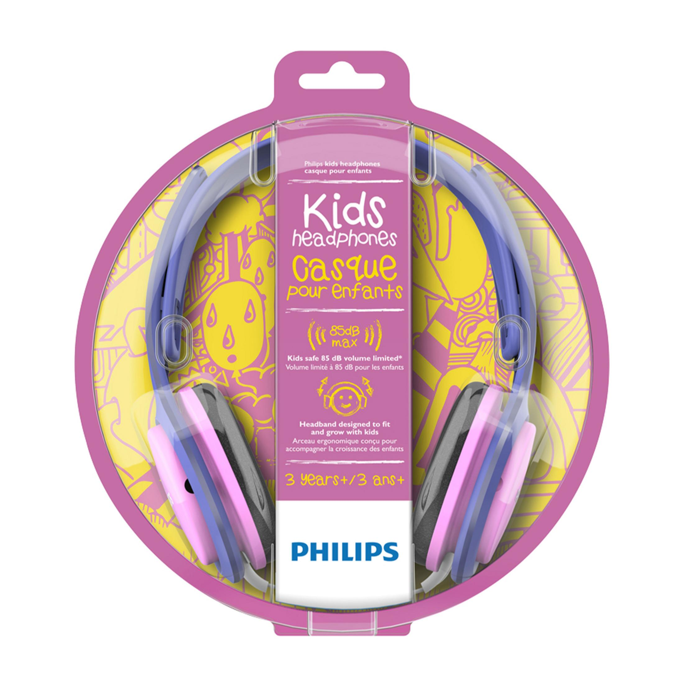 Philips Kinderkopfhörer in Pink und Blau, verpackt mit Aufdrucken.