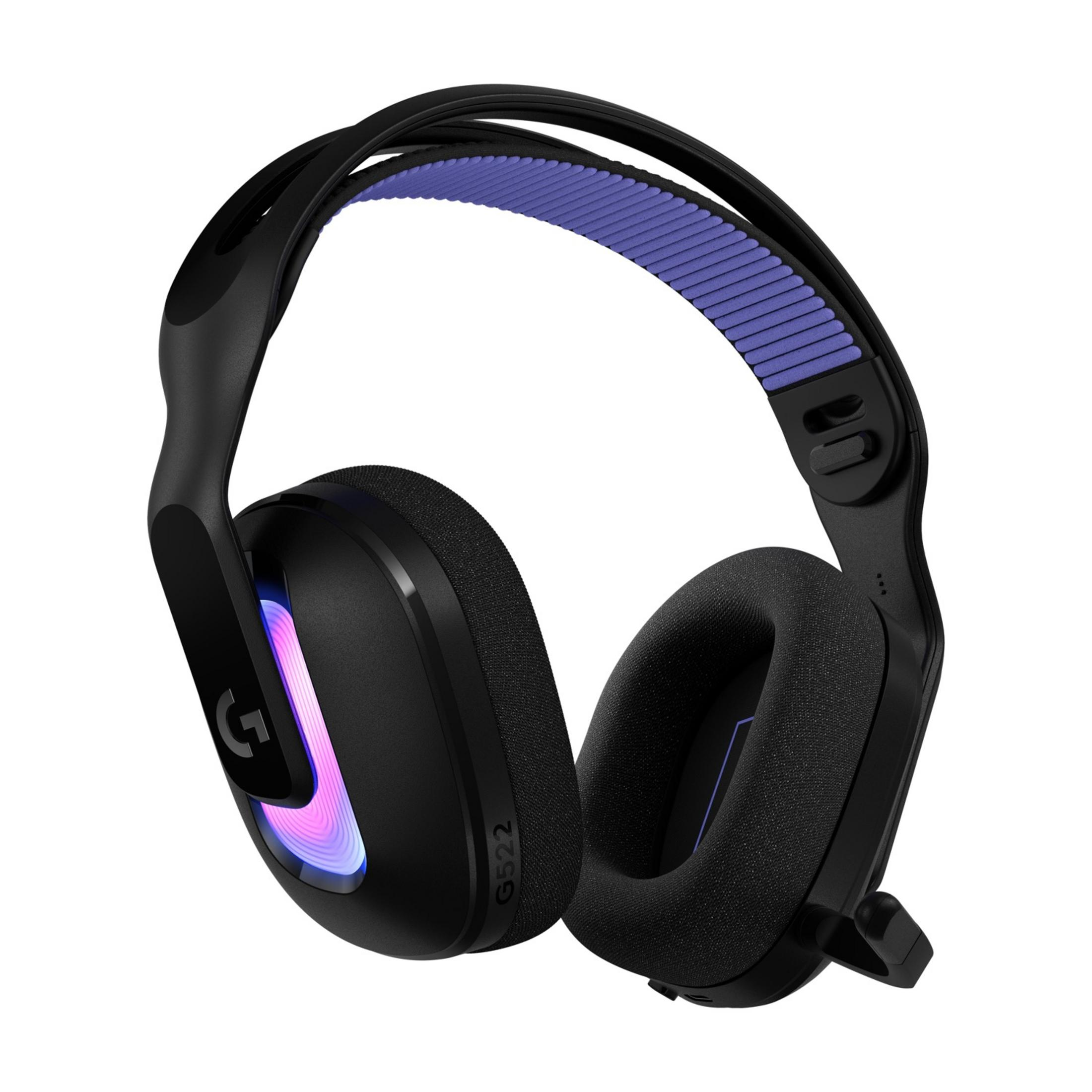 Czarny zestaw słuchawkowy do gier z fioletową opaską i oświetleniem RGB.