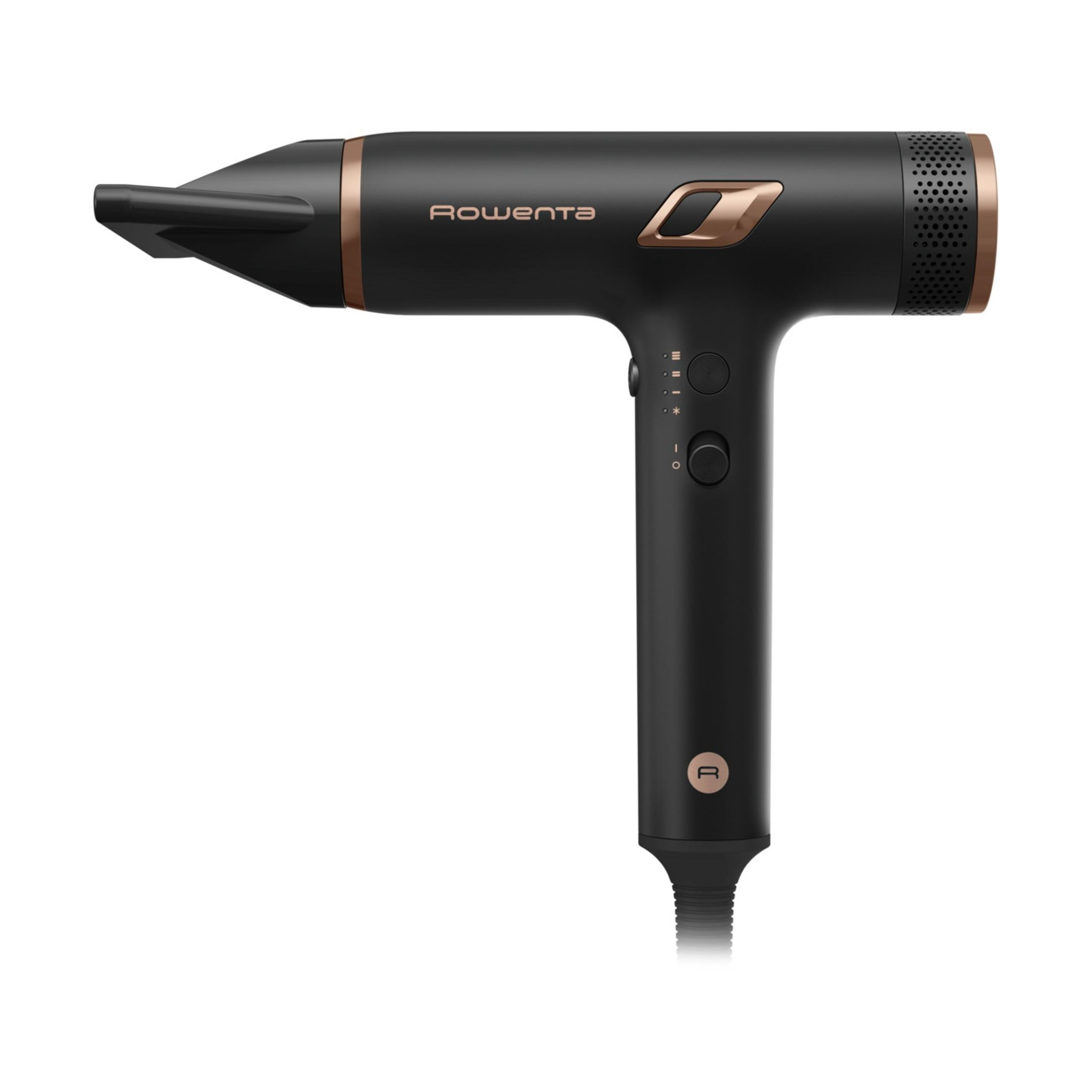 Czarna suszarka do włosów z akcentami różowego złota i zdejmowaną dyszą.