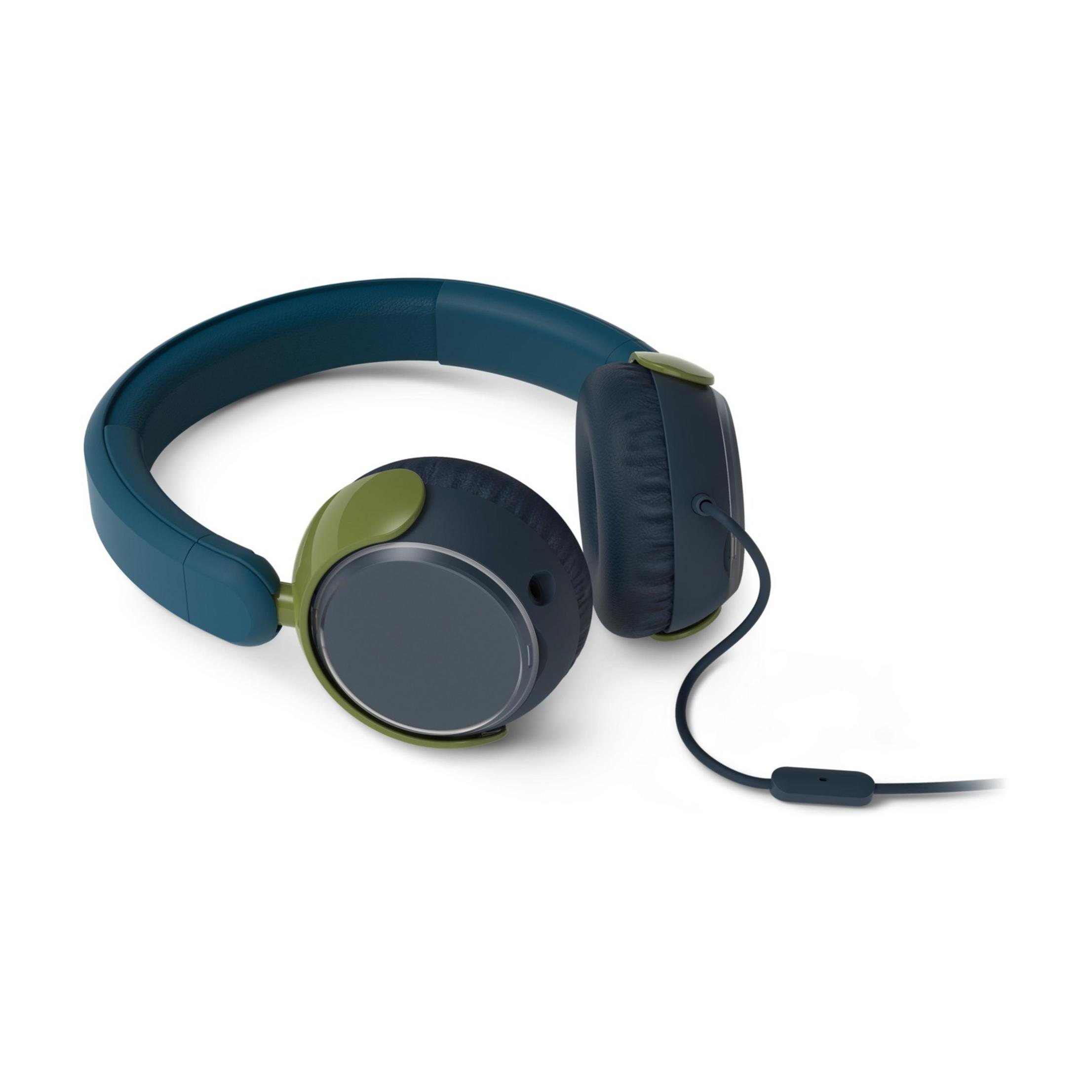 Niebiesko-zielone słuchawki z kablem na białym tle.