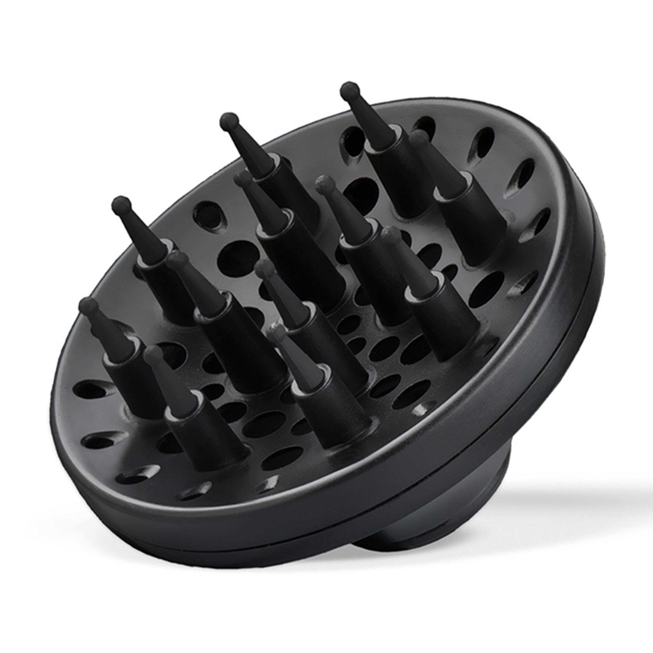 Czarny dyfuzor do suszarki do włosów z wieloma bolcami na białym tle.