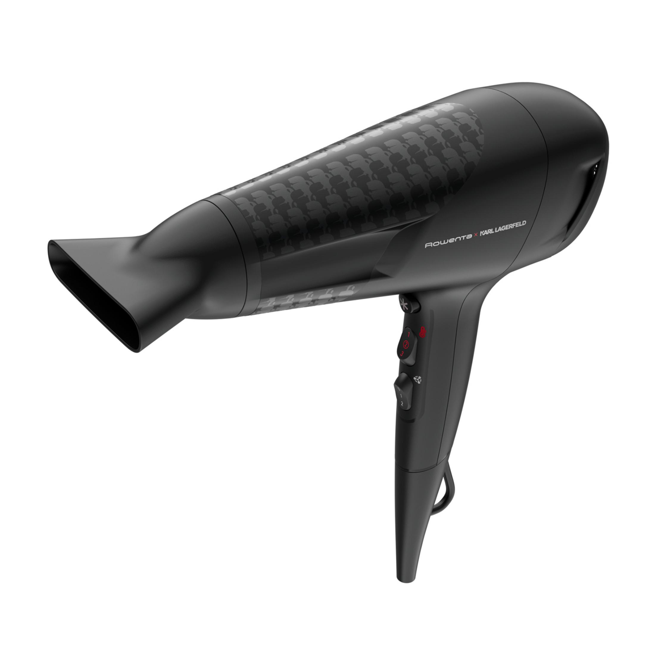 Czarna suszarka do włosów ze wzorem logo Karl Lagerfeld i kontrolkami.