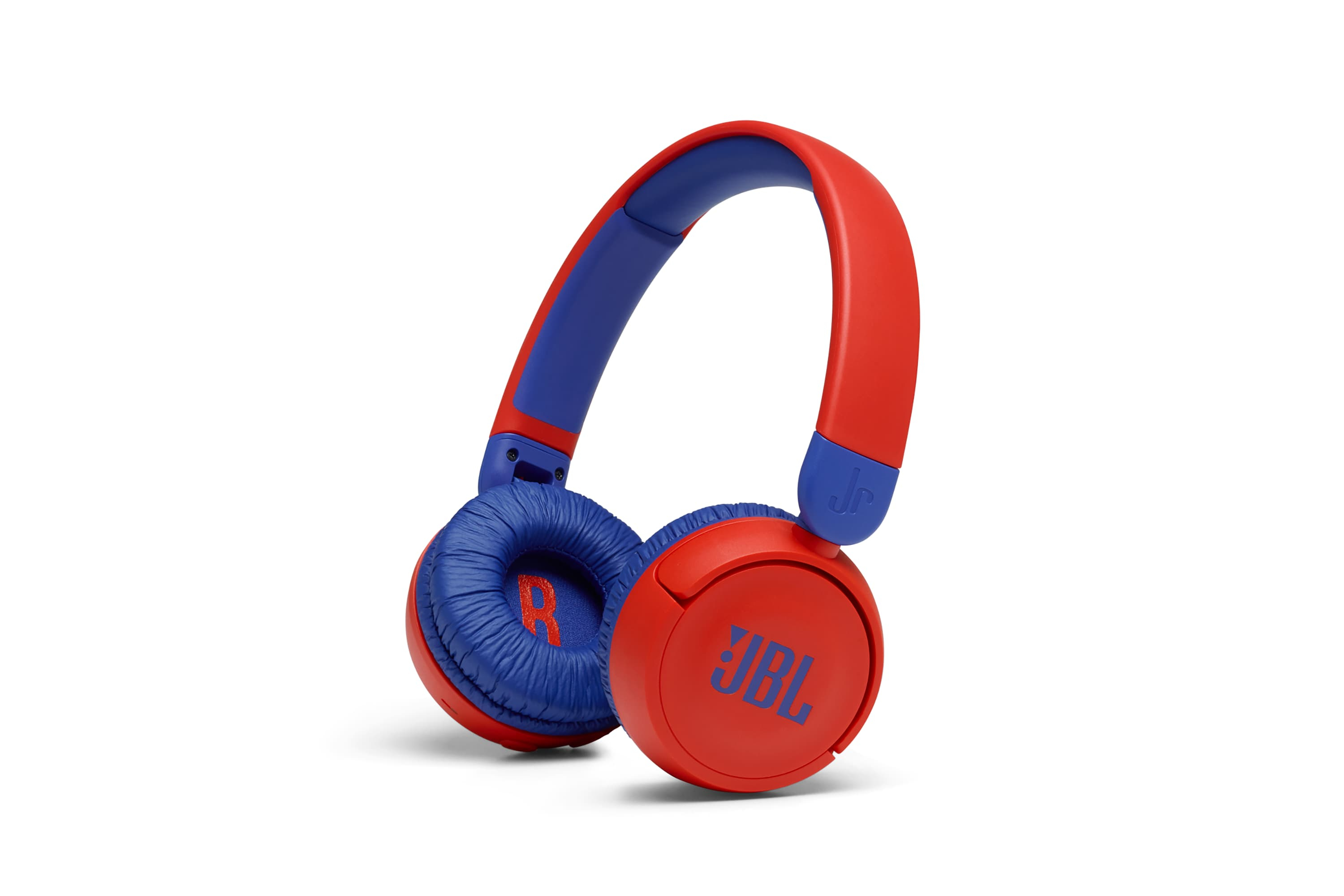 Auriculares rojos y azules con logo JBL. Una R roja en el cojín azul de la orejera izquierda.