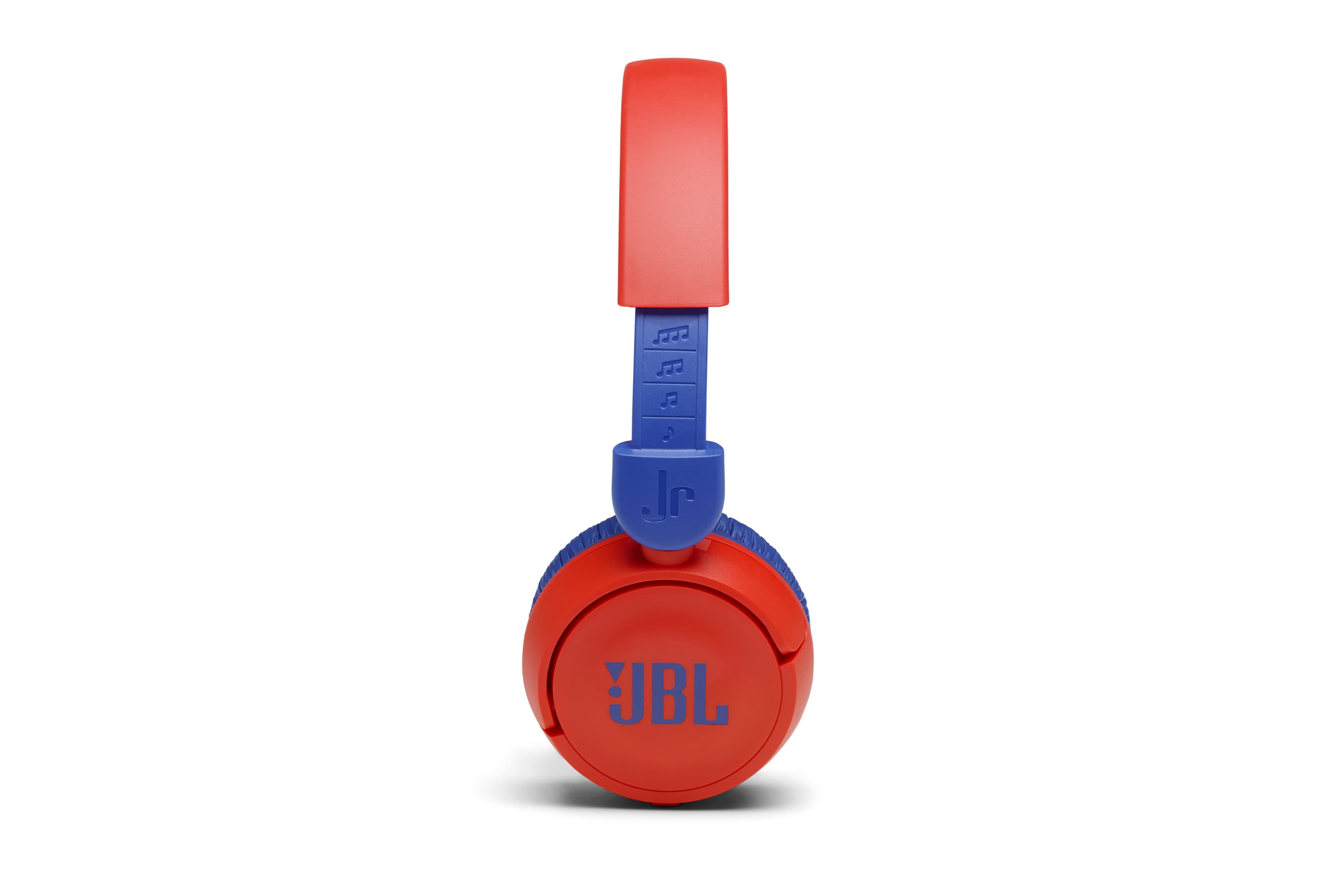 Auriculares rojos y azules con logo JBL y notas musicales.