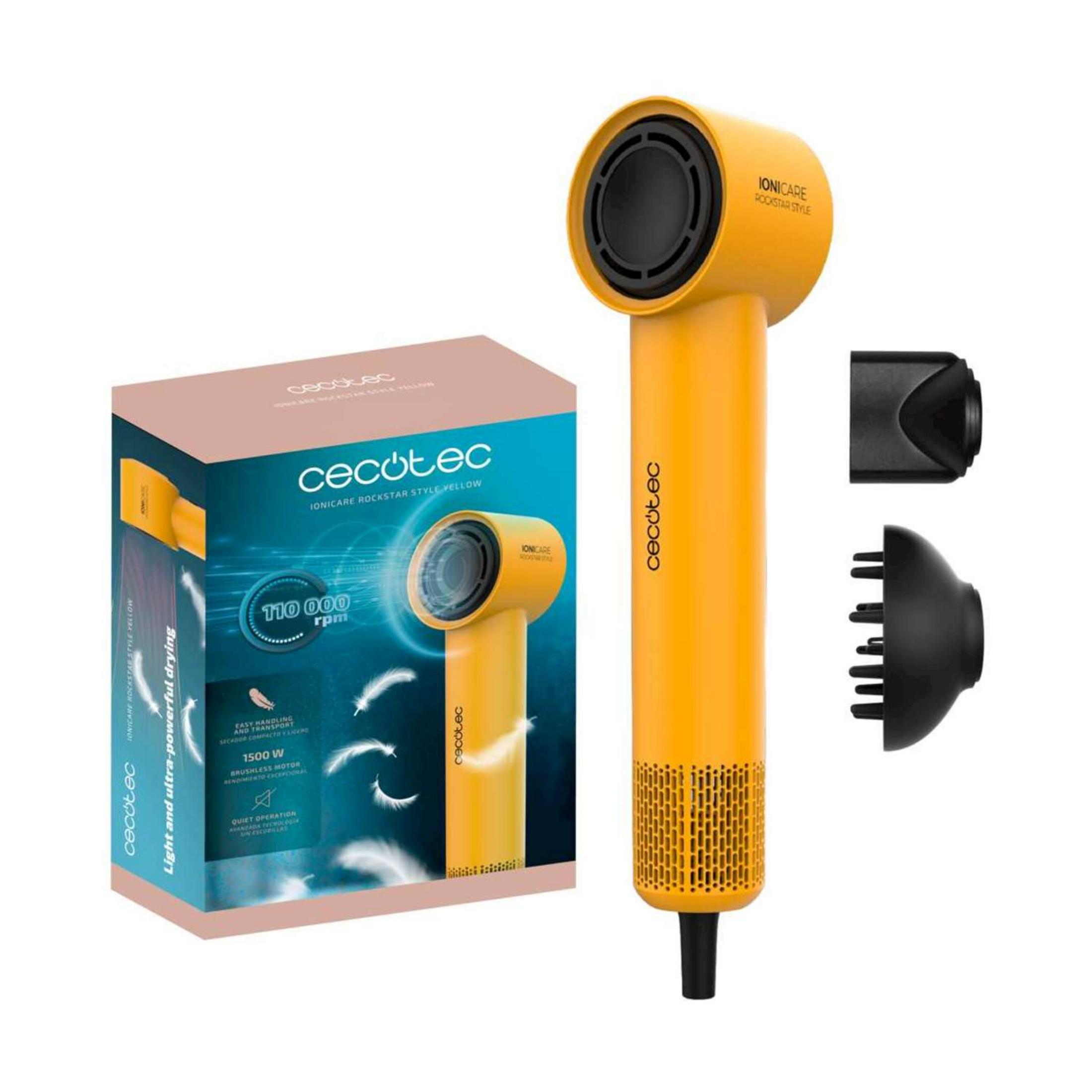 Asciugacapelli giallo con scatola e accessori. Presenta testo e grafica.