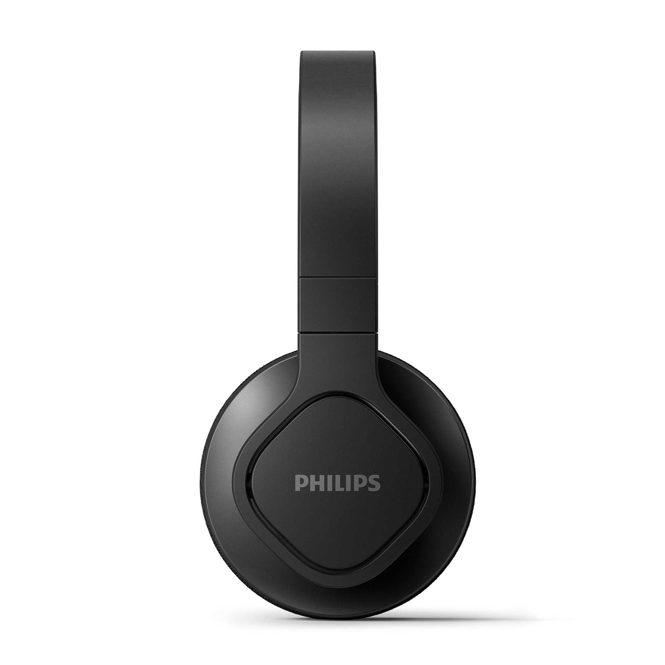 Czarne słuchawki Philips z pałąkiem na białym tle.