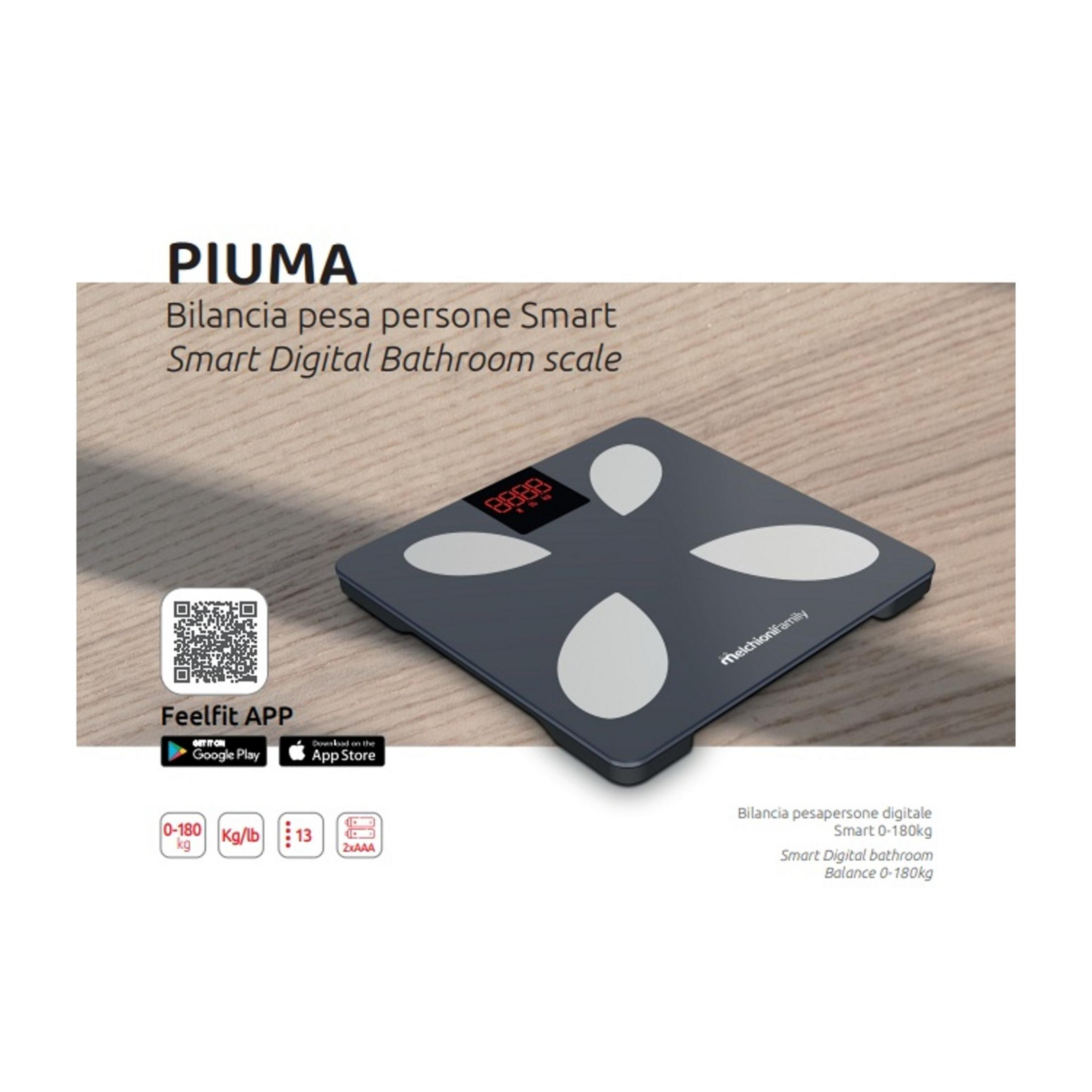 Ciemna waga łazienkowa z czerwonym wyświetlaczem i czterema białymi podkładkami na drewnianym tle.