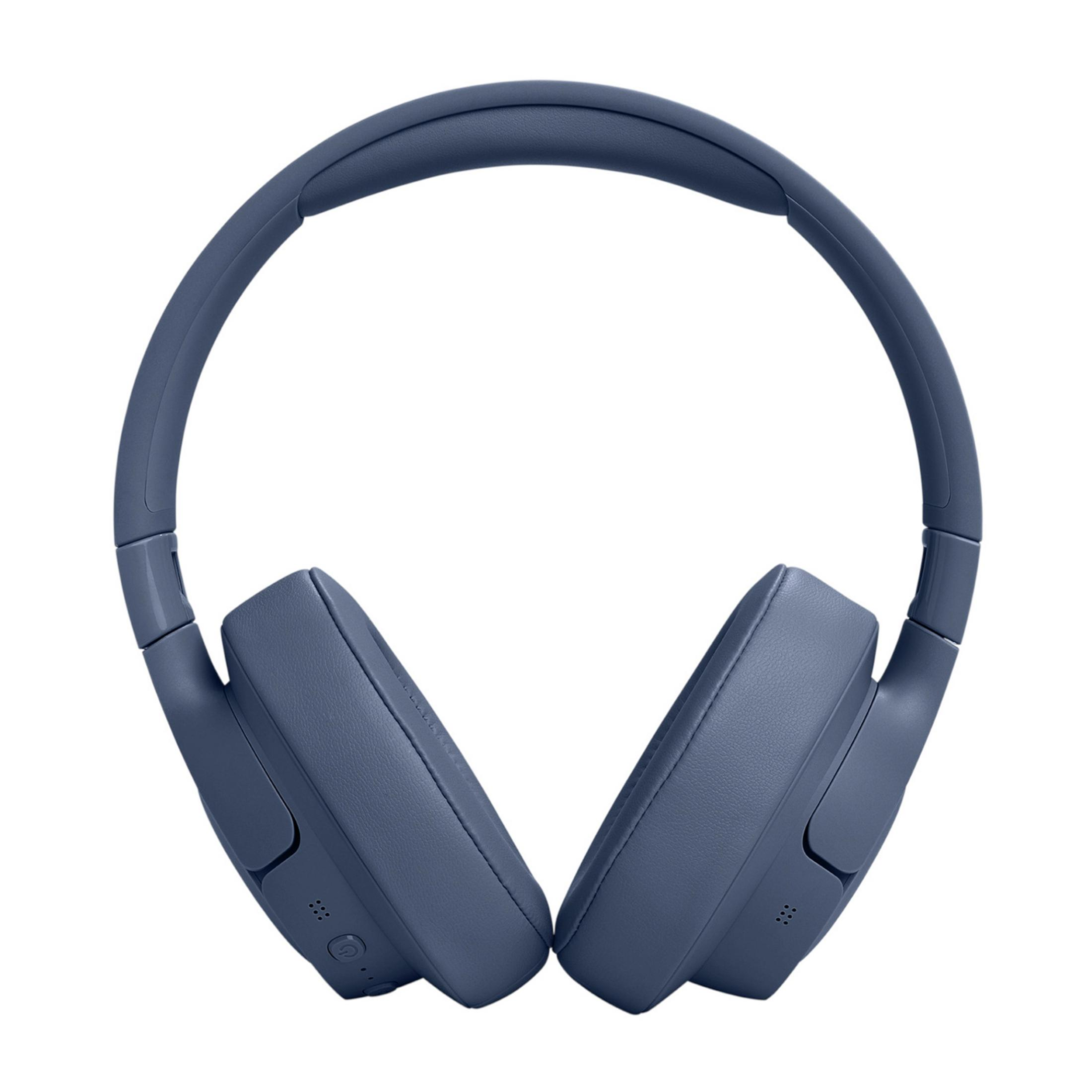 Auriculares azules sobre la oreja con almohadillas acolchadas y diadema.