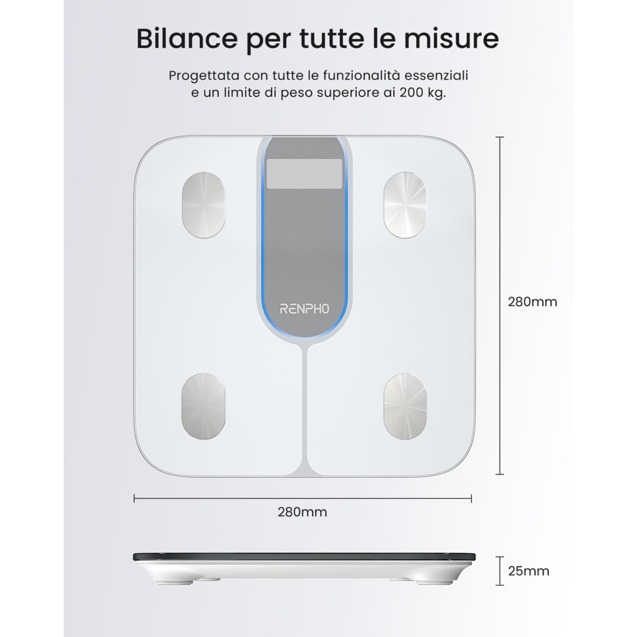 White digital scale with metal electrodes and grey display. Dimensions 280x280x25mm.