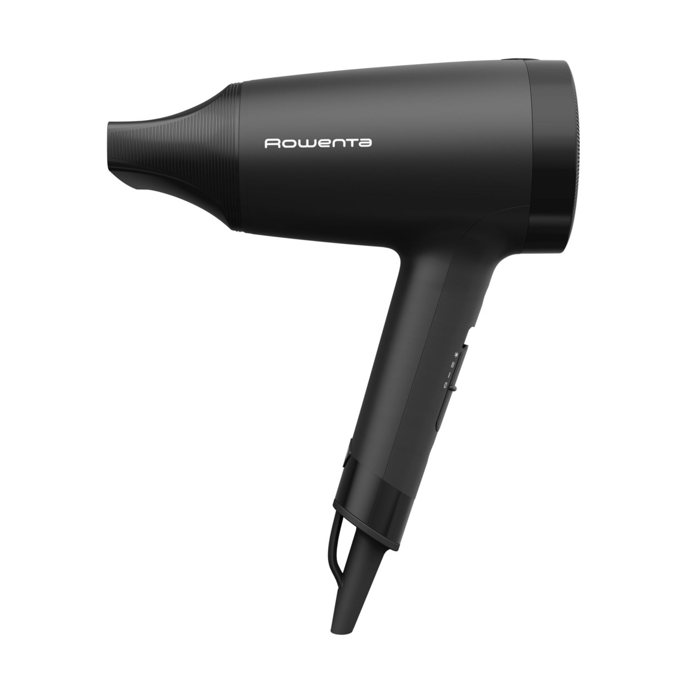 Czarna suszarka do włosów Rowenta z uchwytem i przyciskami.