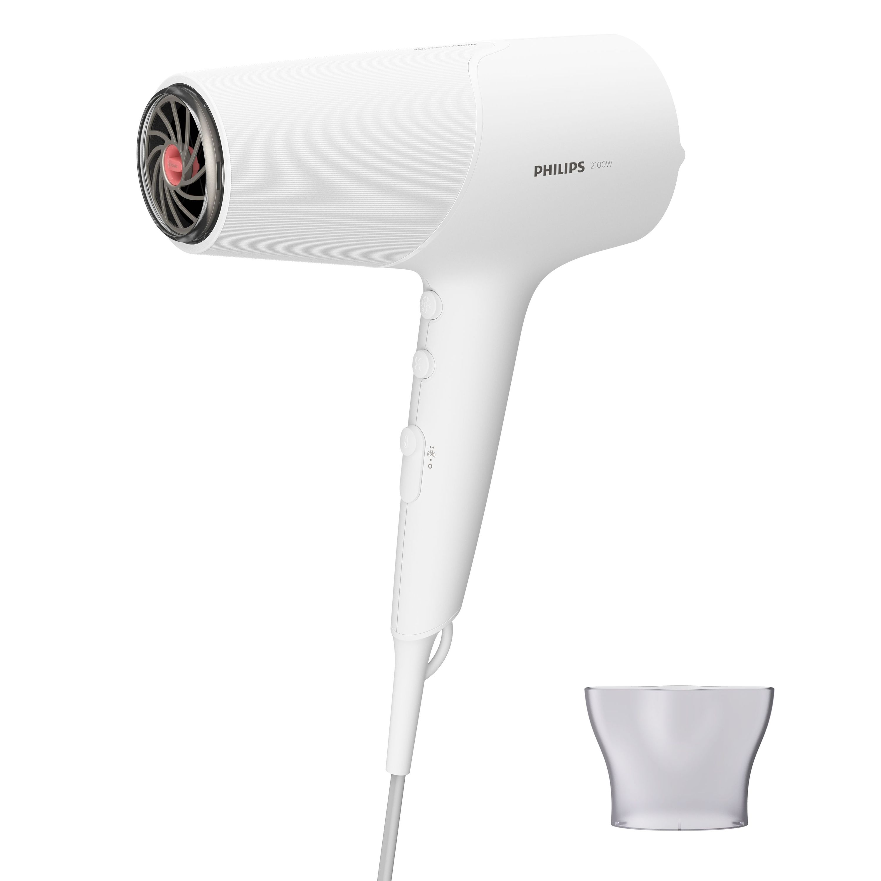 Biała suszarka do włosów Philips z akcesoriami na białym tle.
