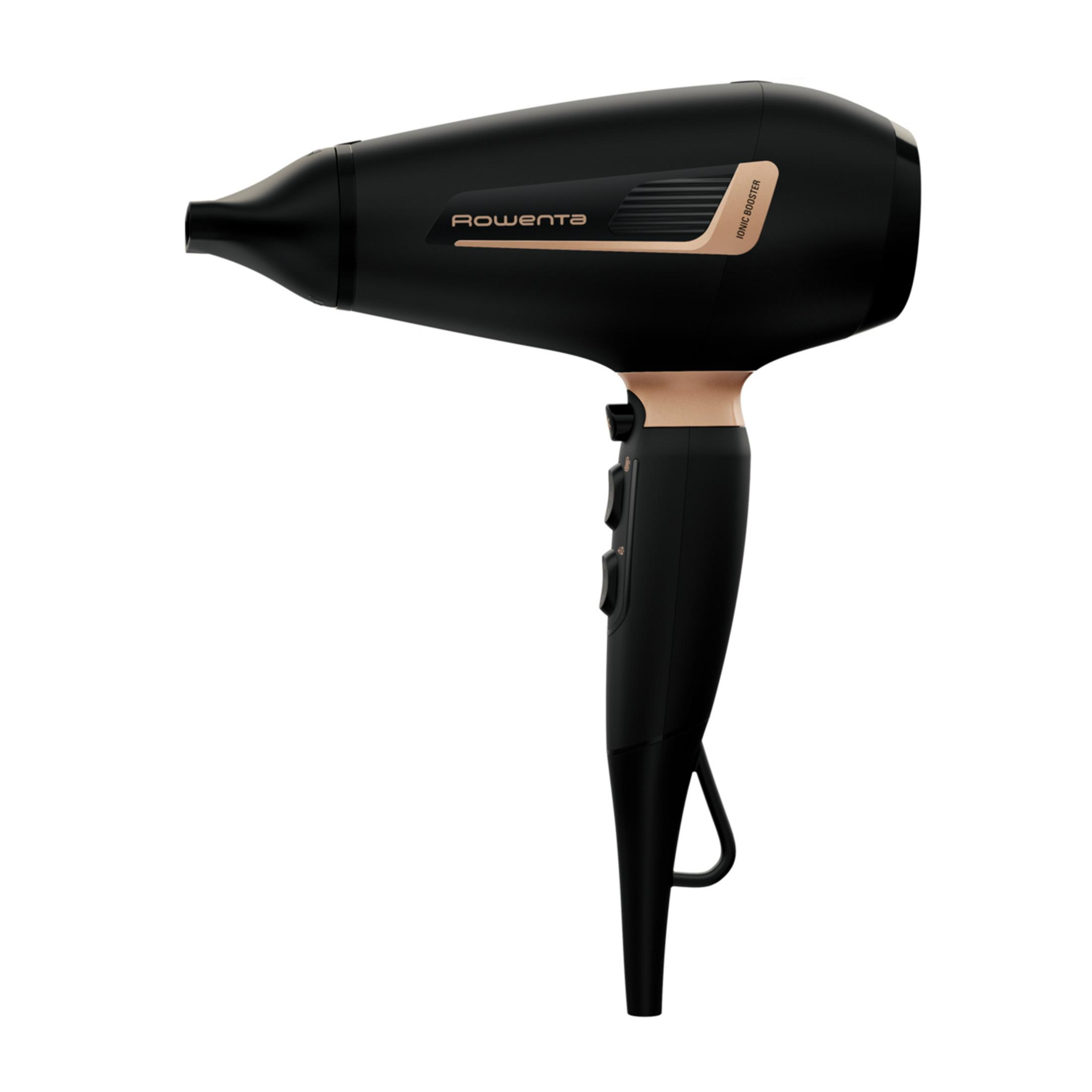 Czarna suszarka do włosów ze złotymi akcentami i przyciskami.