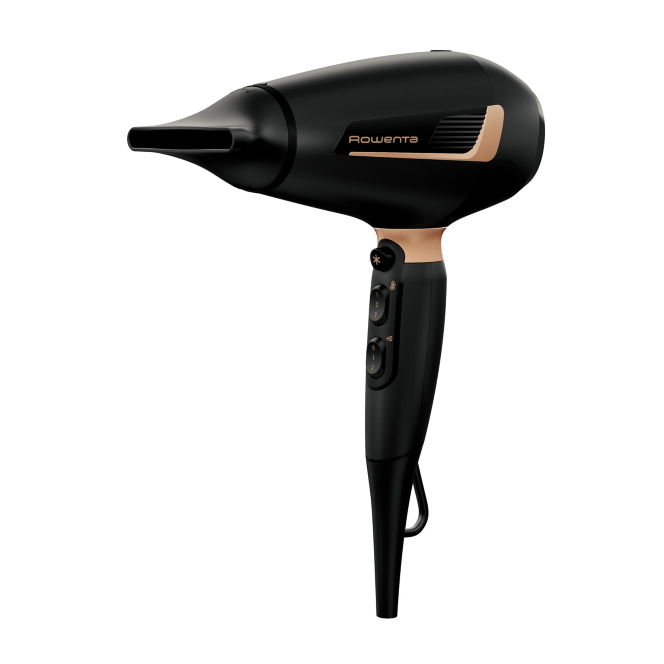 Czarna suszarka do włosów ze złotymi akcentami i kontrolkami.