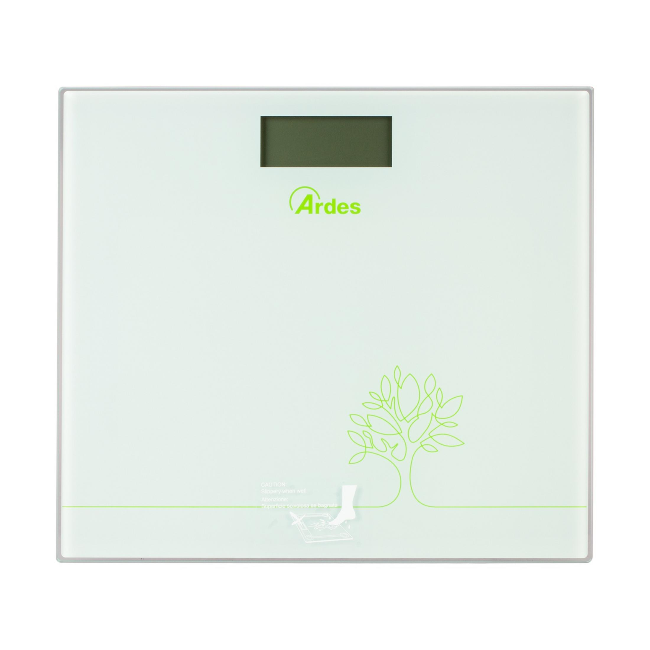 Biała waga cyfrowa z logo Ardes i motywem drzewa.
