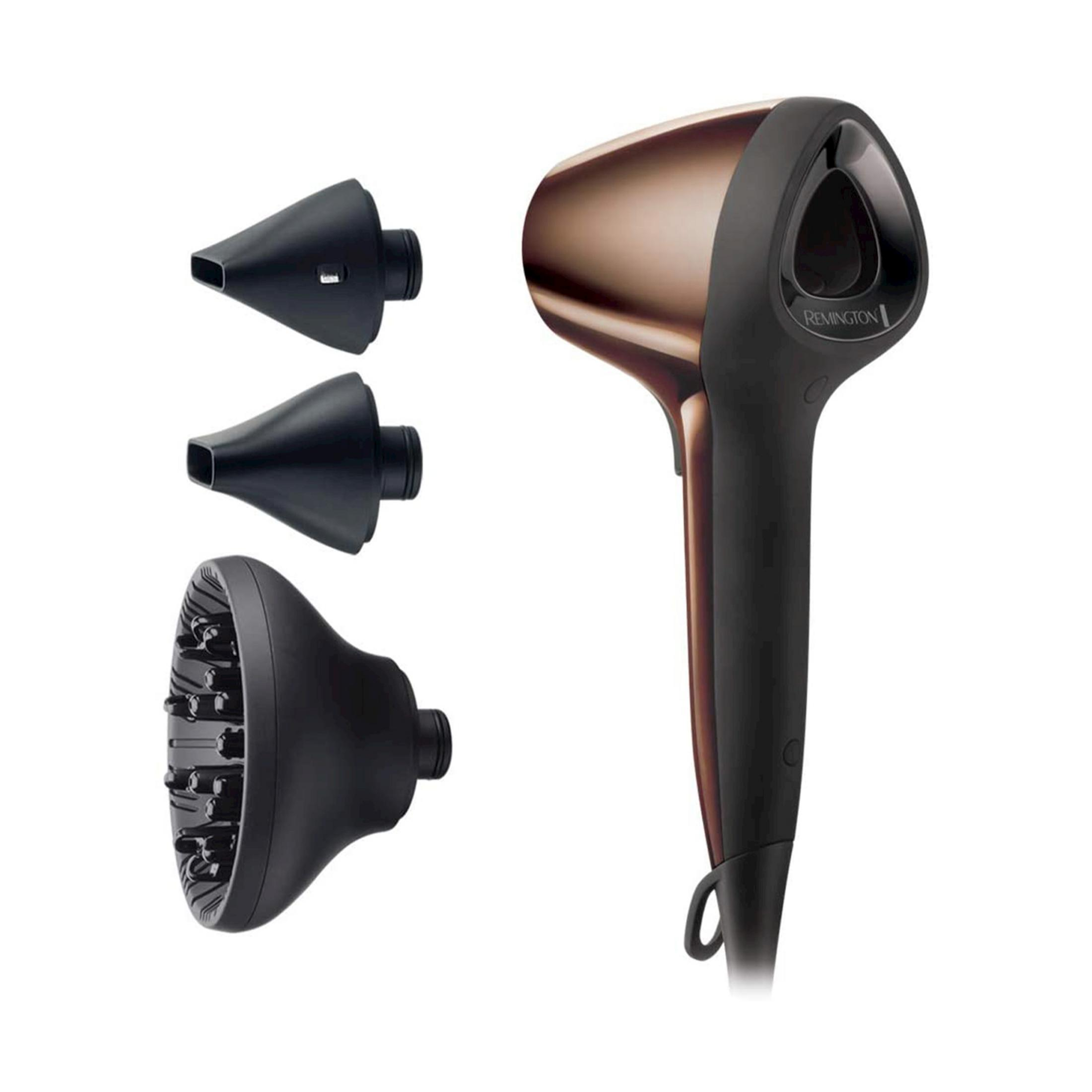 Brązowa suszarka do włosów z czarnym uchwytem i trzema nasadkami.
