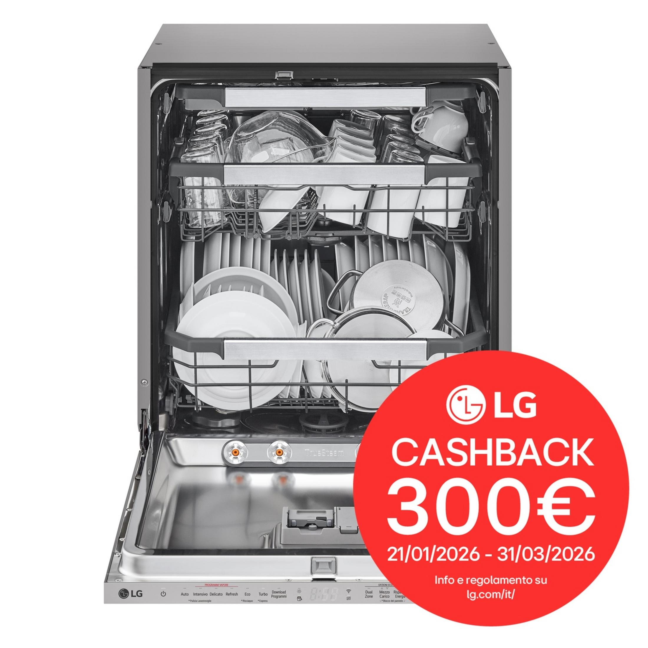 Zmywarka LG załadowana naczyniami, z czerwonym kołem pokazującym LG Cashback 300€.