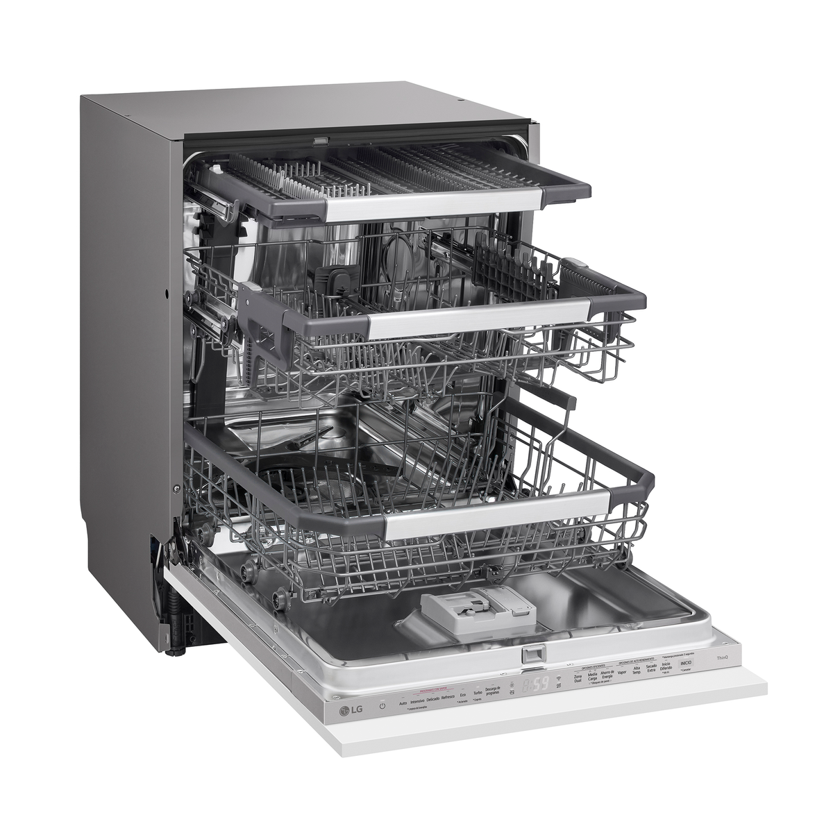 Otwarta srebrna zmywarka LG z trzema wysuwanymi koszami i szczegółowym panelem przednim.