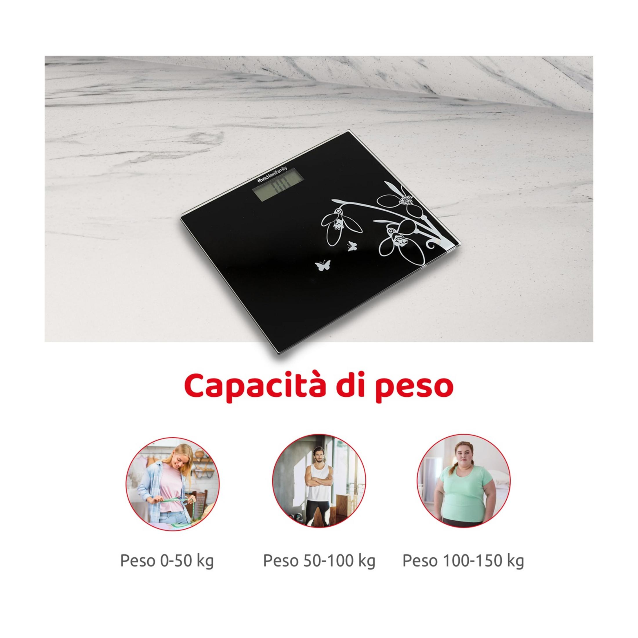 Czarna waga cyfrowa z motywem kwiatowym. Poniżej trzy koła z ludźmi.