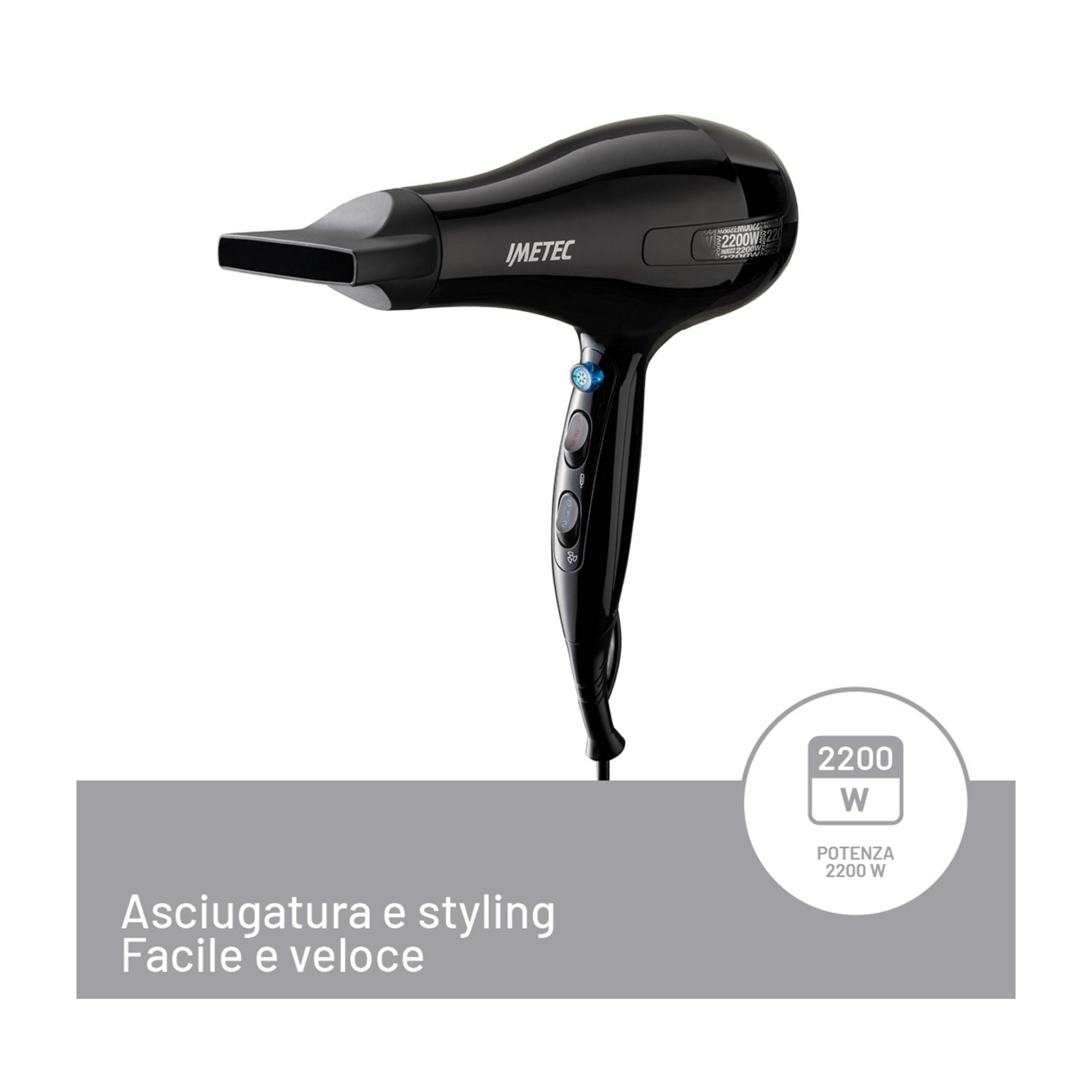 Czarna suszarka IMETEC 2200W, łatwe i szybkie suszenie.