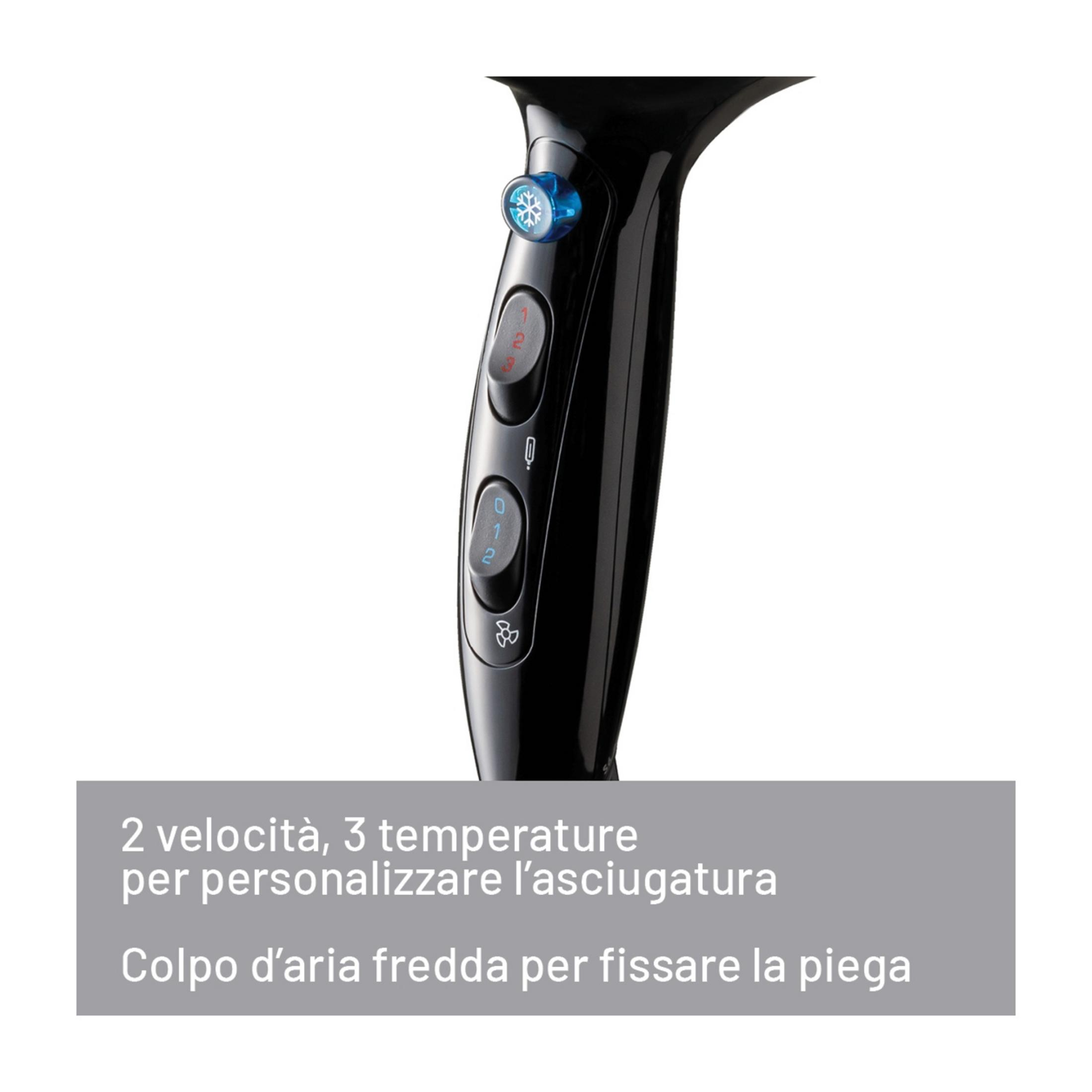 Czarny uchwyt suszarki do włosów z niebieskimi i czerwonymi przyciskami i ikoną płatka śniegu.