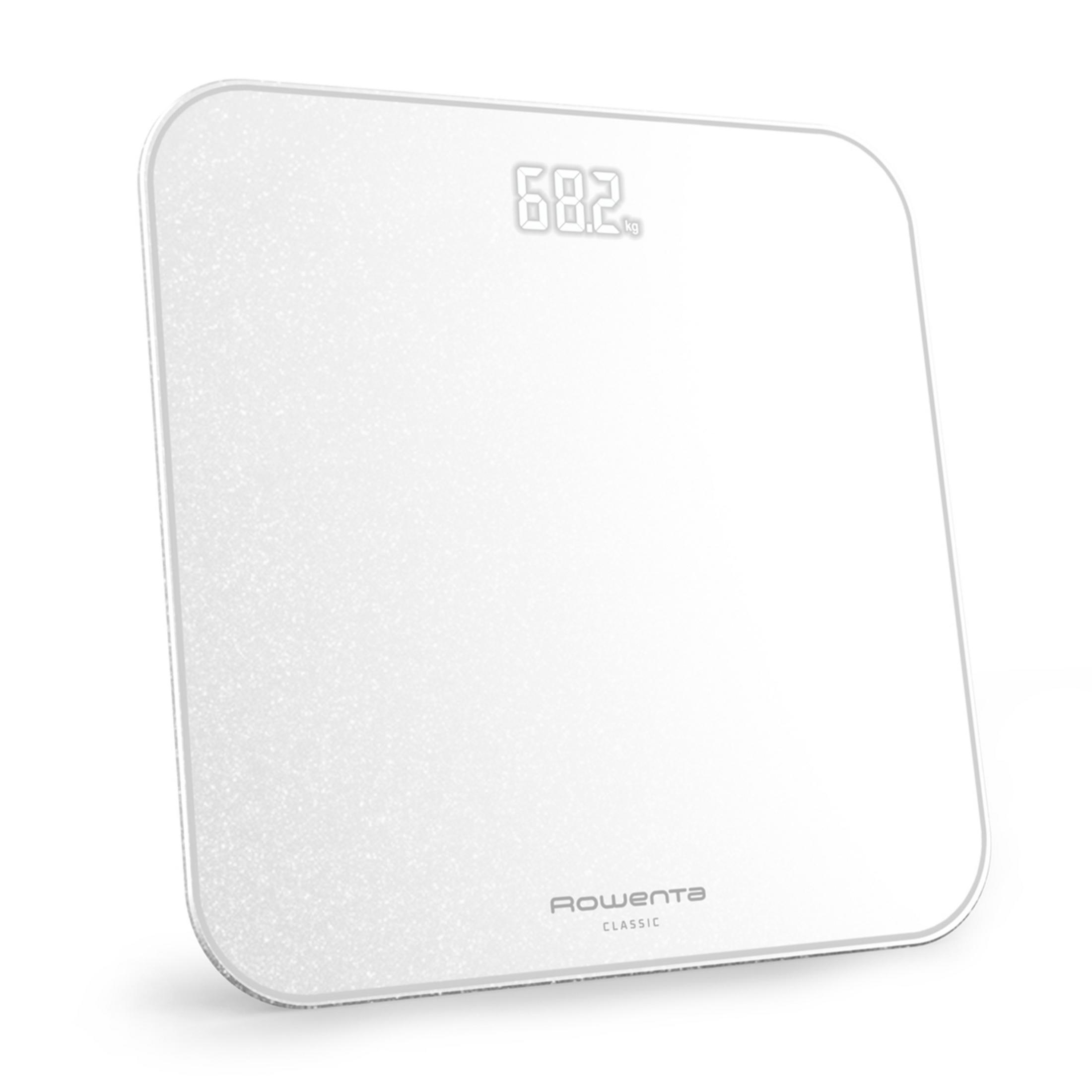 Eine weiße digitale Waage mit leuchtender Anzeige von 68,2 kg.