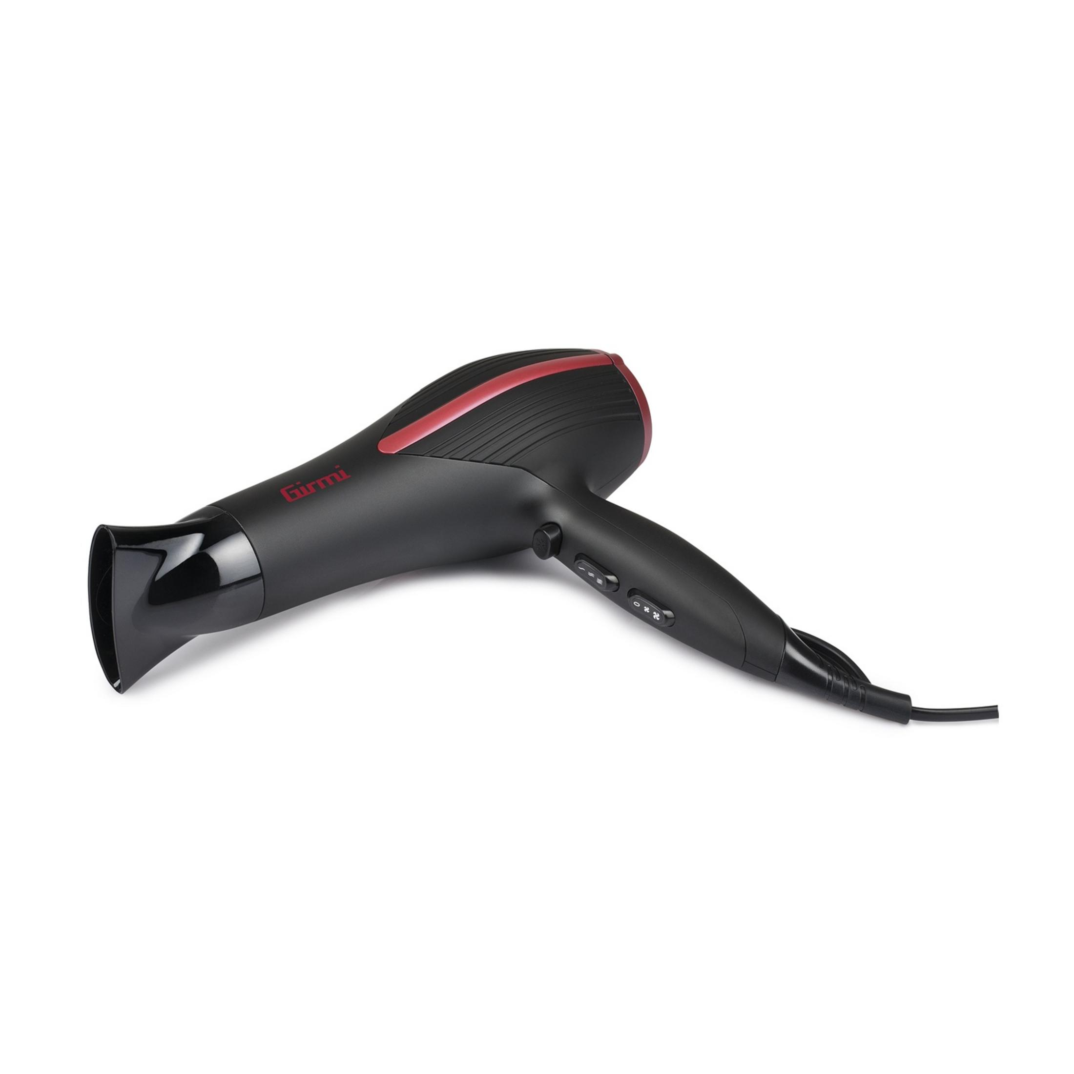 Czarna suszarka do włosów z czerwonym paskiem i przyciskami.