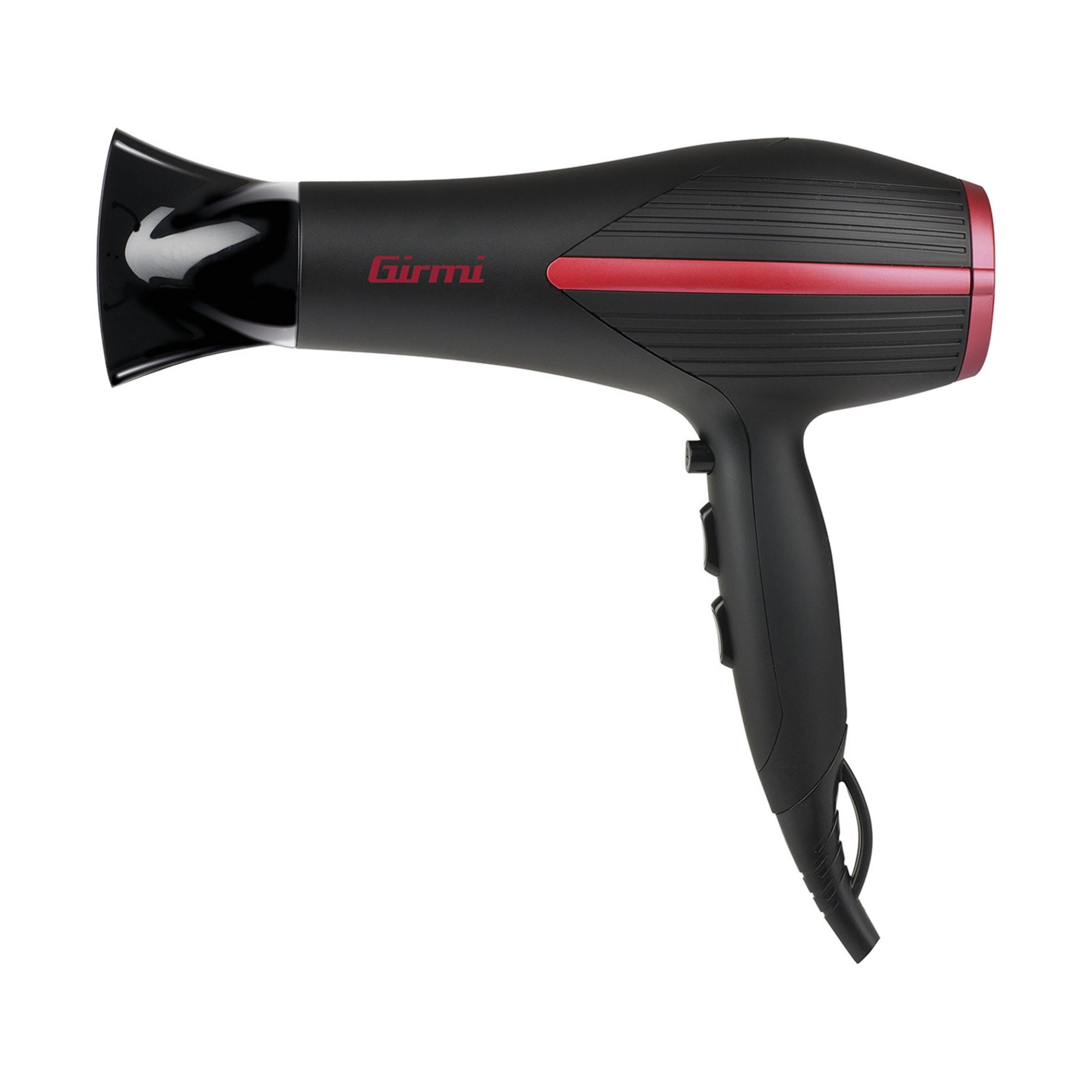 Czarna suszarka do włosów z czerwonymi akcentami i logo.