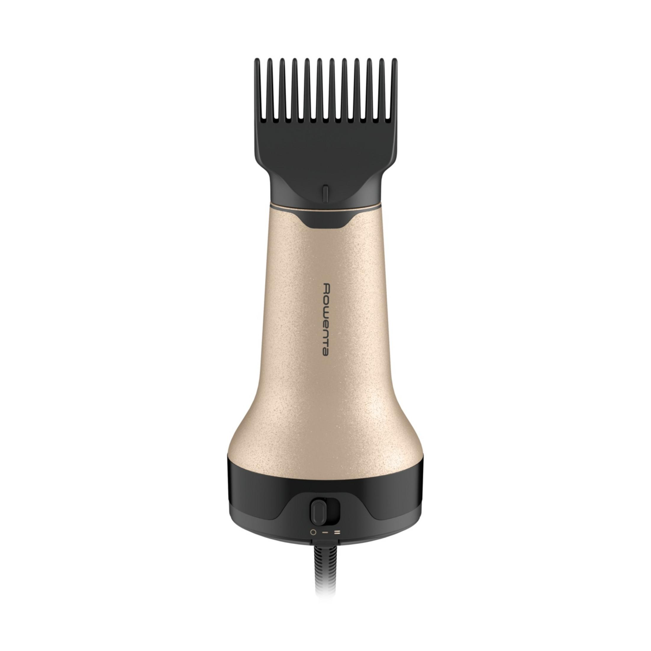 A gold hair dryer with a black comb attachment and controls.