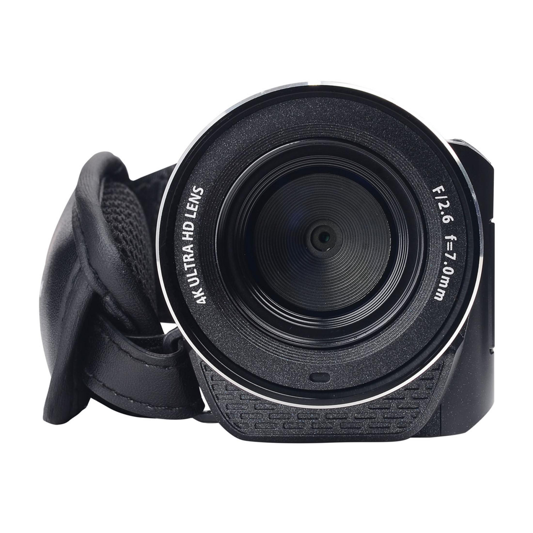 Zbliżenie czarnej kamery z obiektywem 4K Ultra HD i skórzanym paskiem.