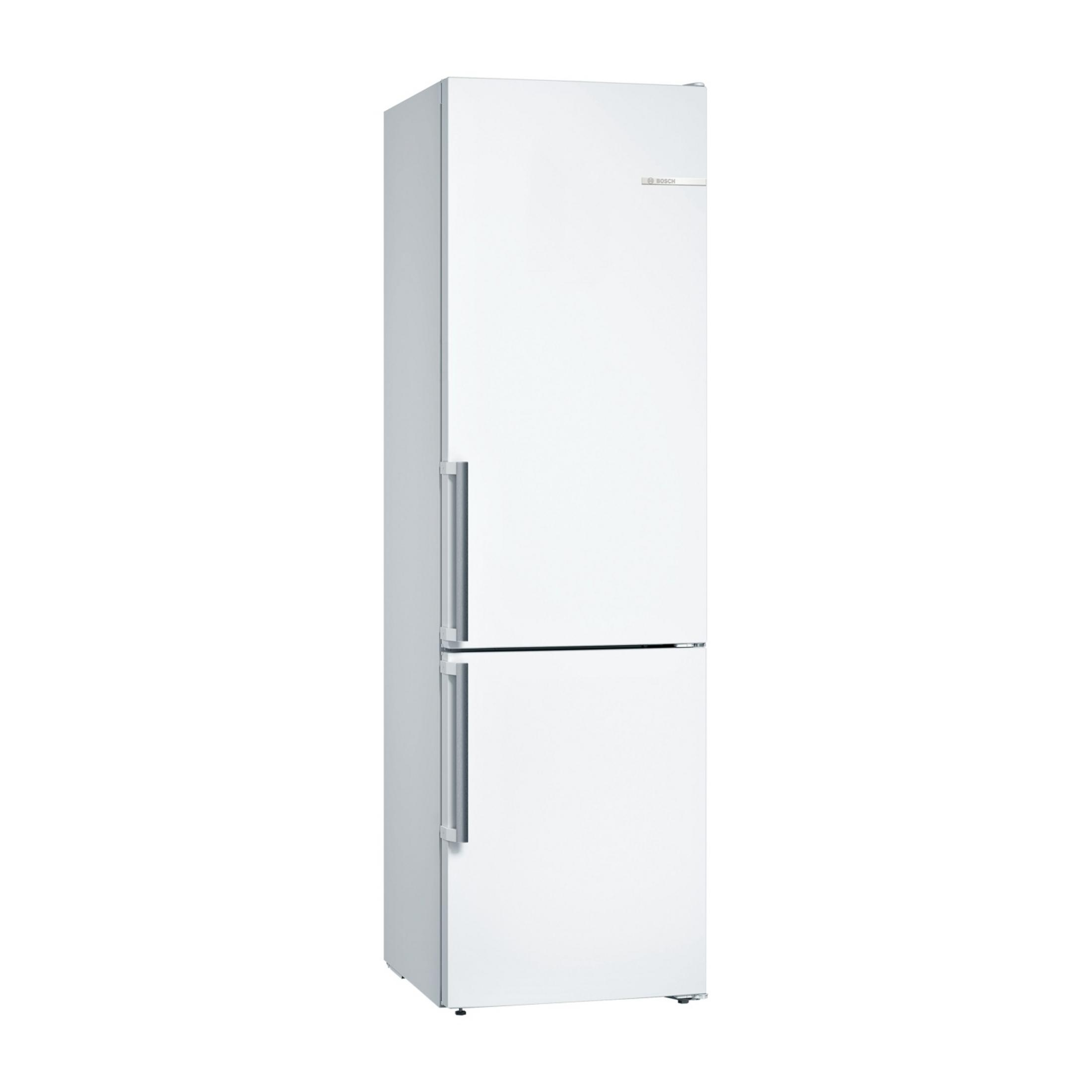 Un frigorifero Bosch bianco a due porte. La sezione superiore è un frigorifero.