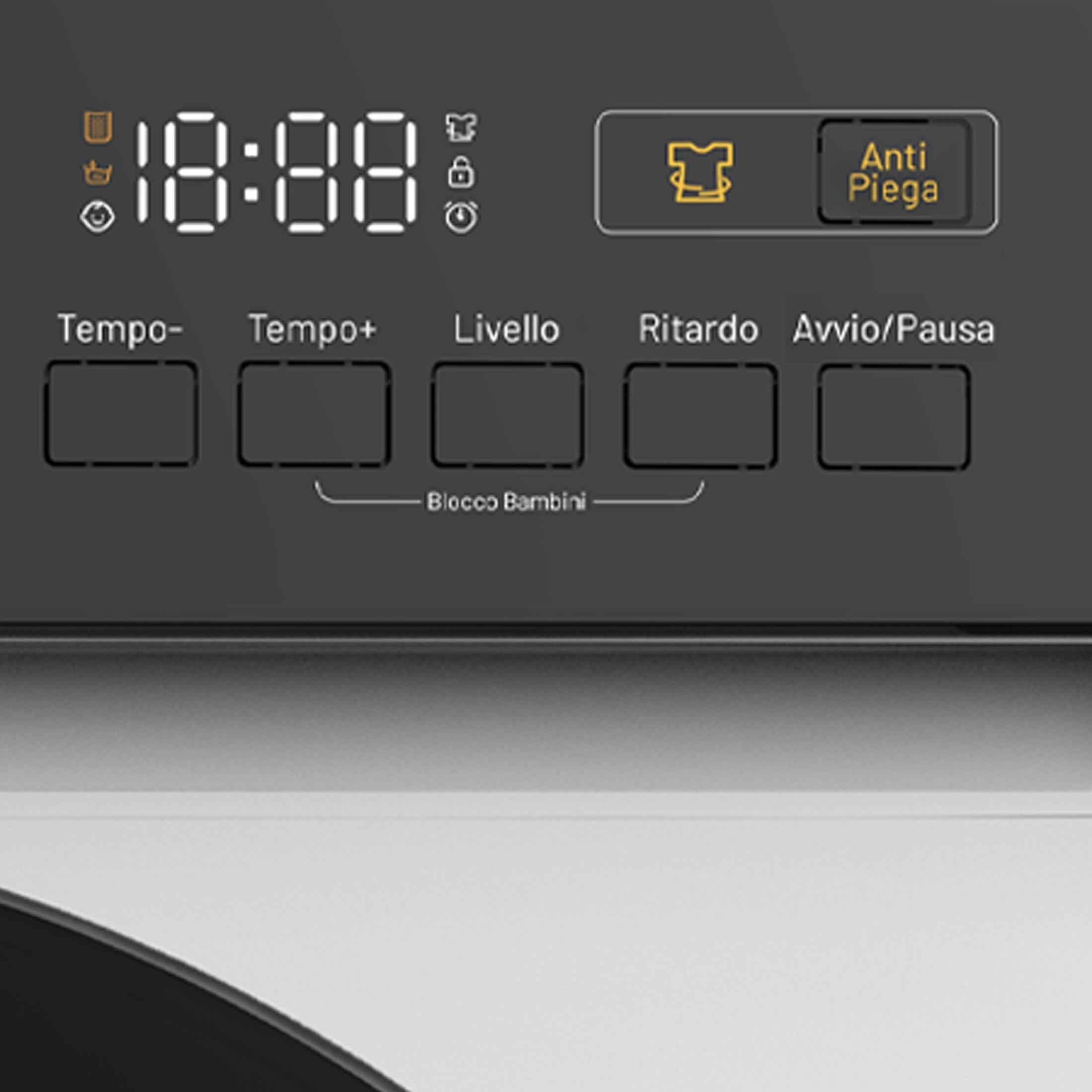 Display digitale di una lavatrice con simboli e controlli.