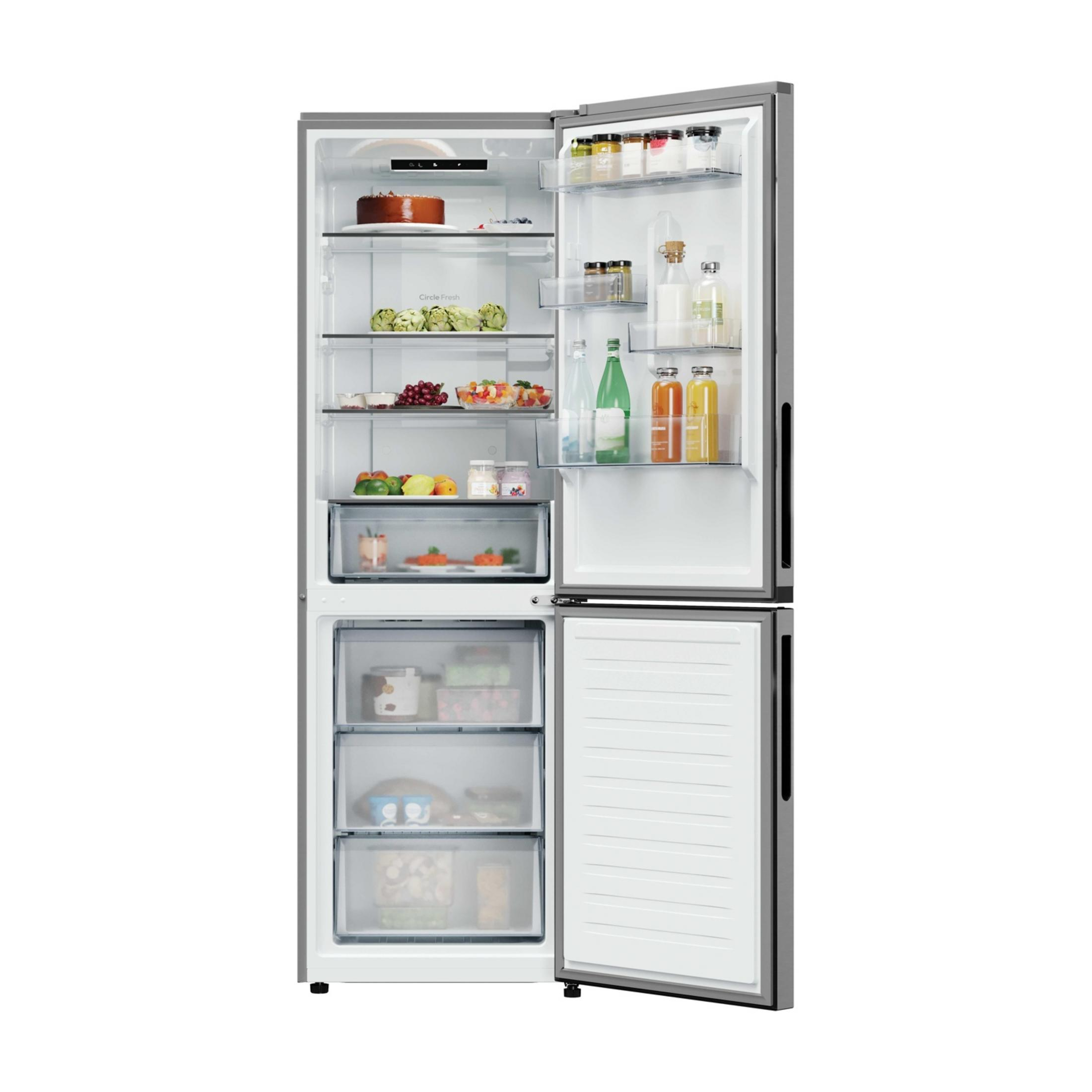 Un refrigerador abierto con comida y bebidas.