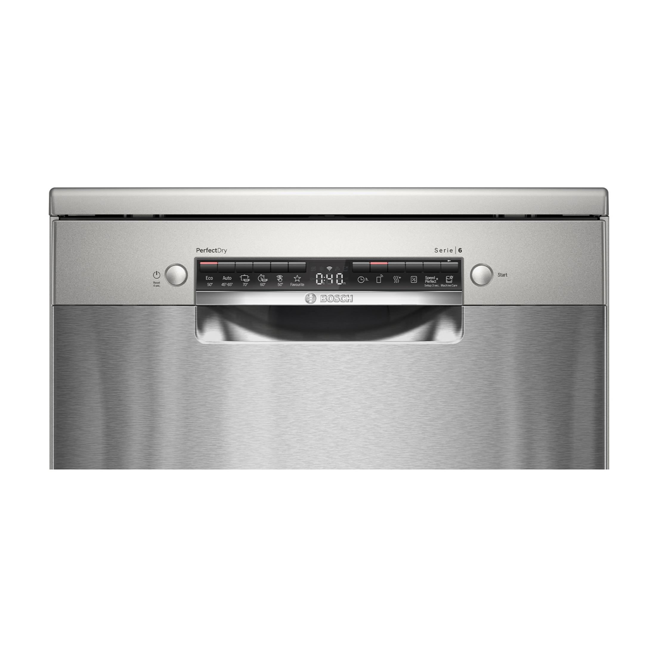 Pannello di controllo lavastoviglie in acciaio inox con display digitale e icone.