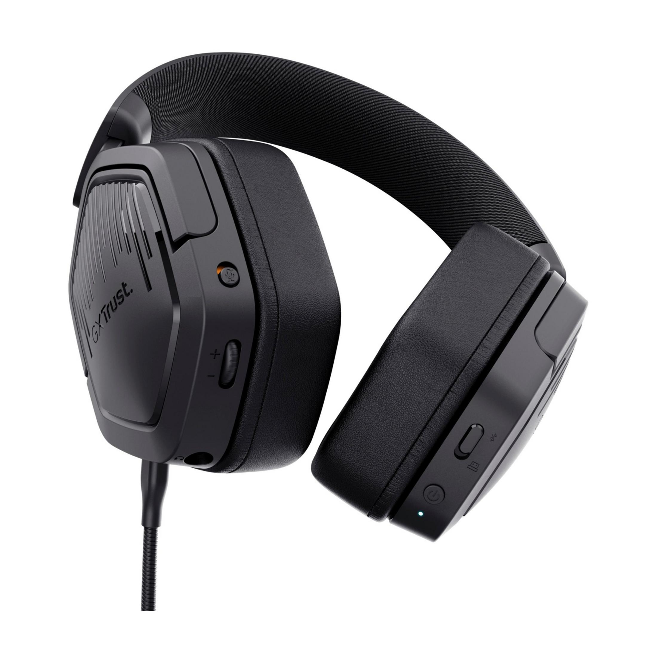 Czarne słuchawki nauszne z teksturowanym pałąkiem i przyciskami.