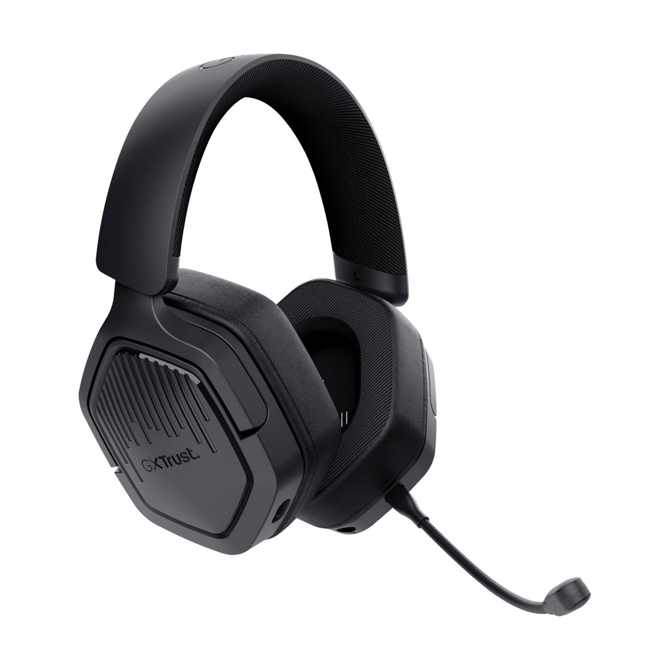 Czarny zestaw słuchawkowy do gier z mikrofonem, na białym tle.