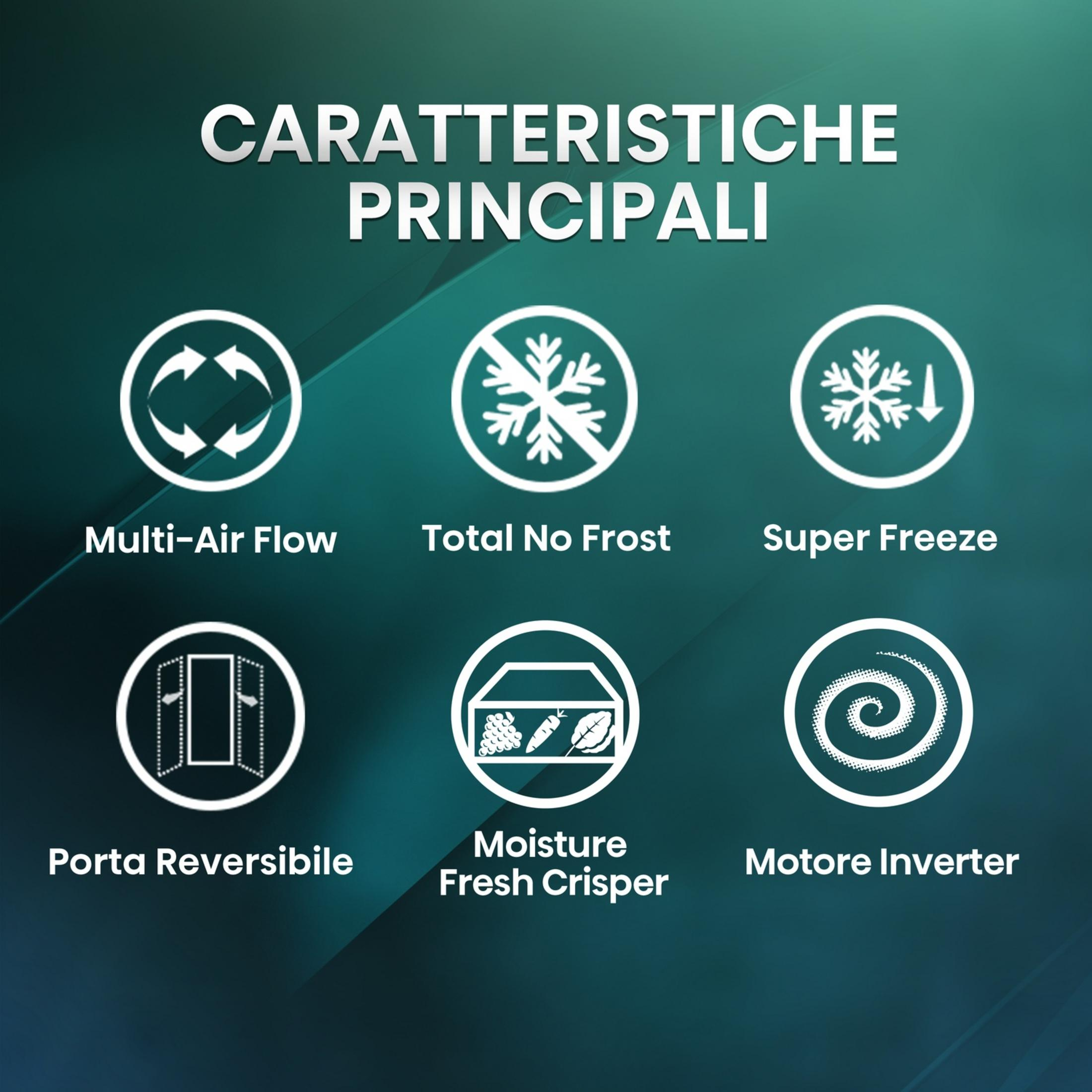 Sei icone per le funzioni del frigorifero: Multi-Air Flow, Total No Frost, Super Freeze, Porta Reversibile, Cassetto Fresco, Inverter.