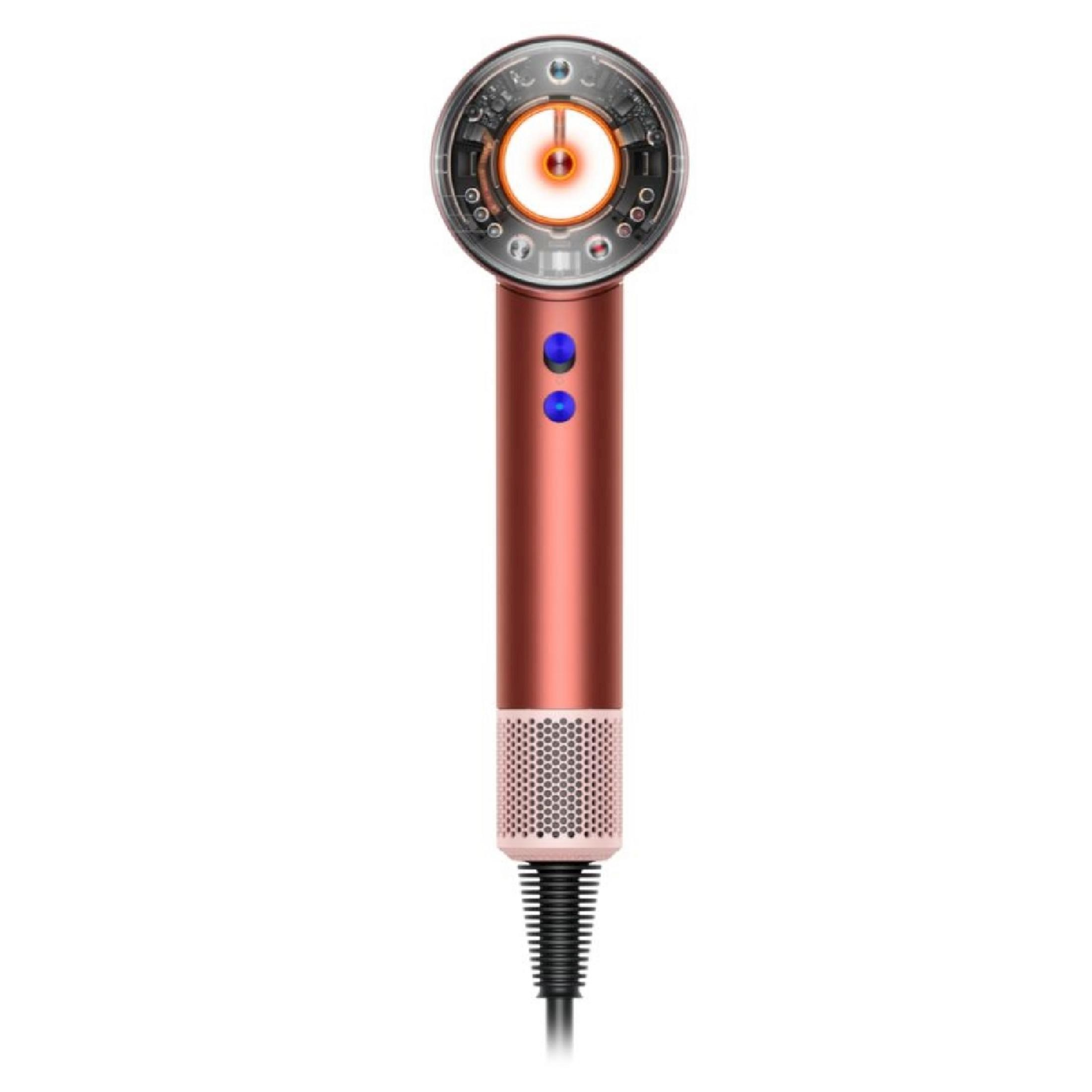 Różowo-złota suszarka do włosów z przezroczystą głowicą i niebieskimi przyciskami.