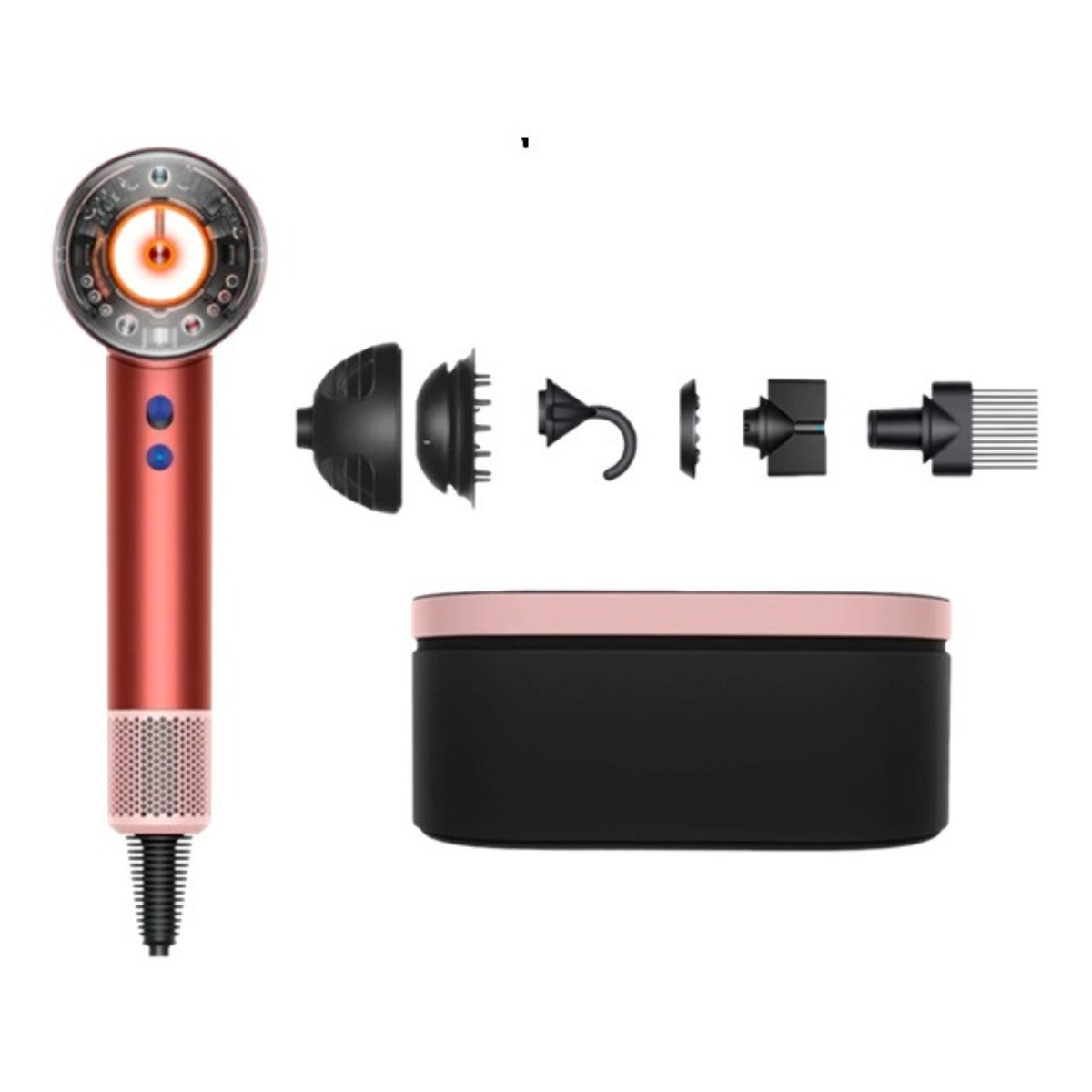 Różowo-złota suszarka do włosów z akcesoriami i etui.