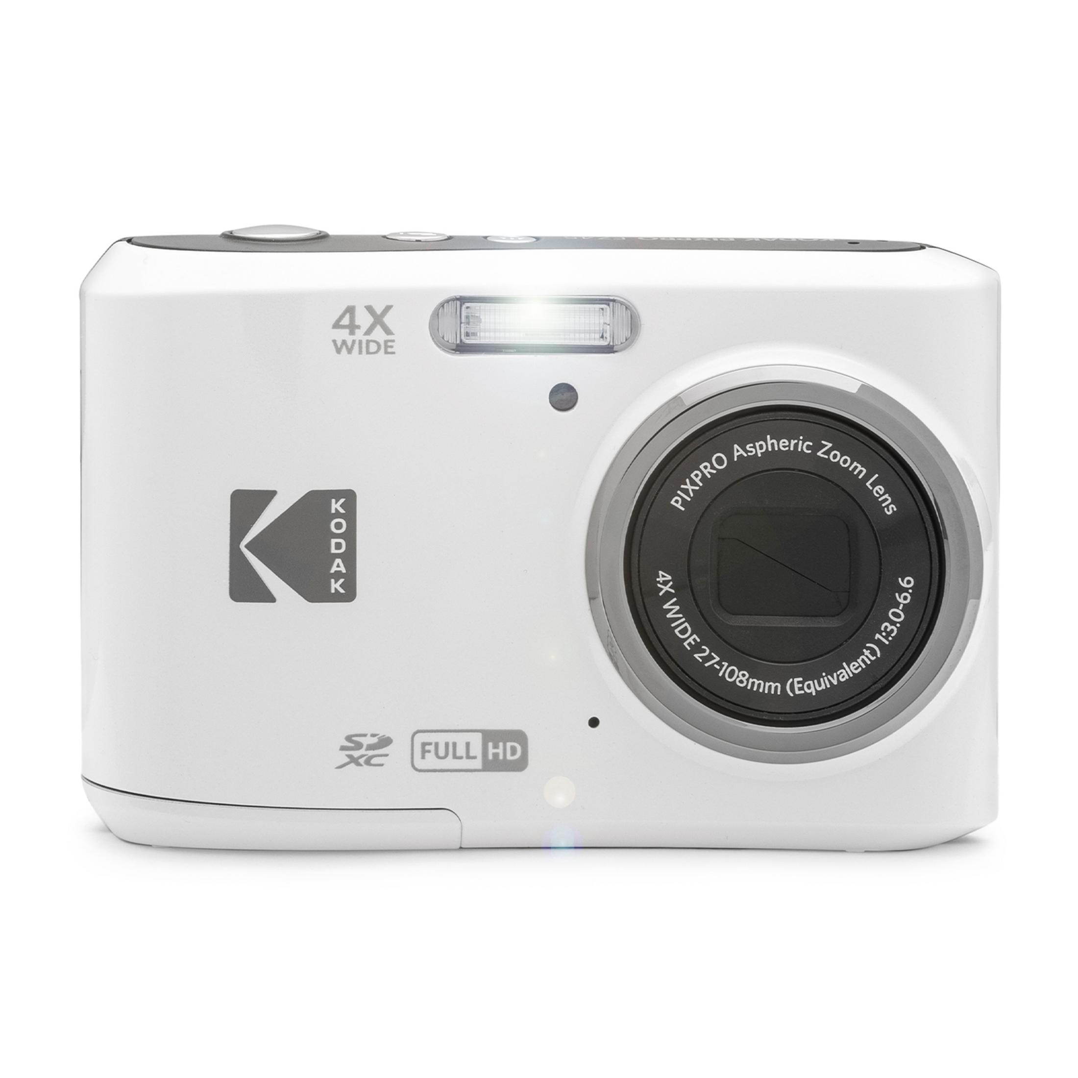 Biały aparat cyfrowy Kodak z obiektywem szerokokątnym 4x i aktywnym fleszem.